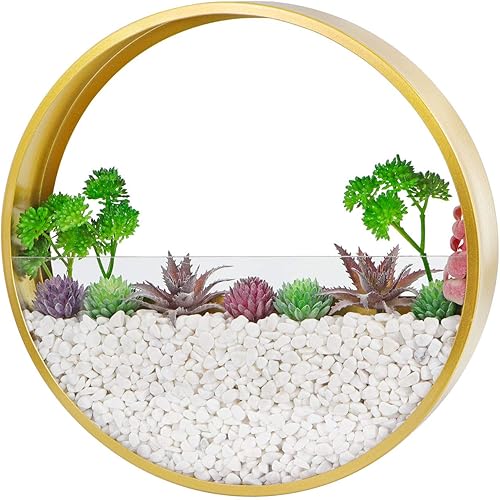 Miniatura 2 de Maceta colgante de pared, paquete de 3 macetas redondas de metal y vidrio para pared interior y exterior (dorado)