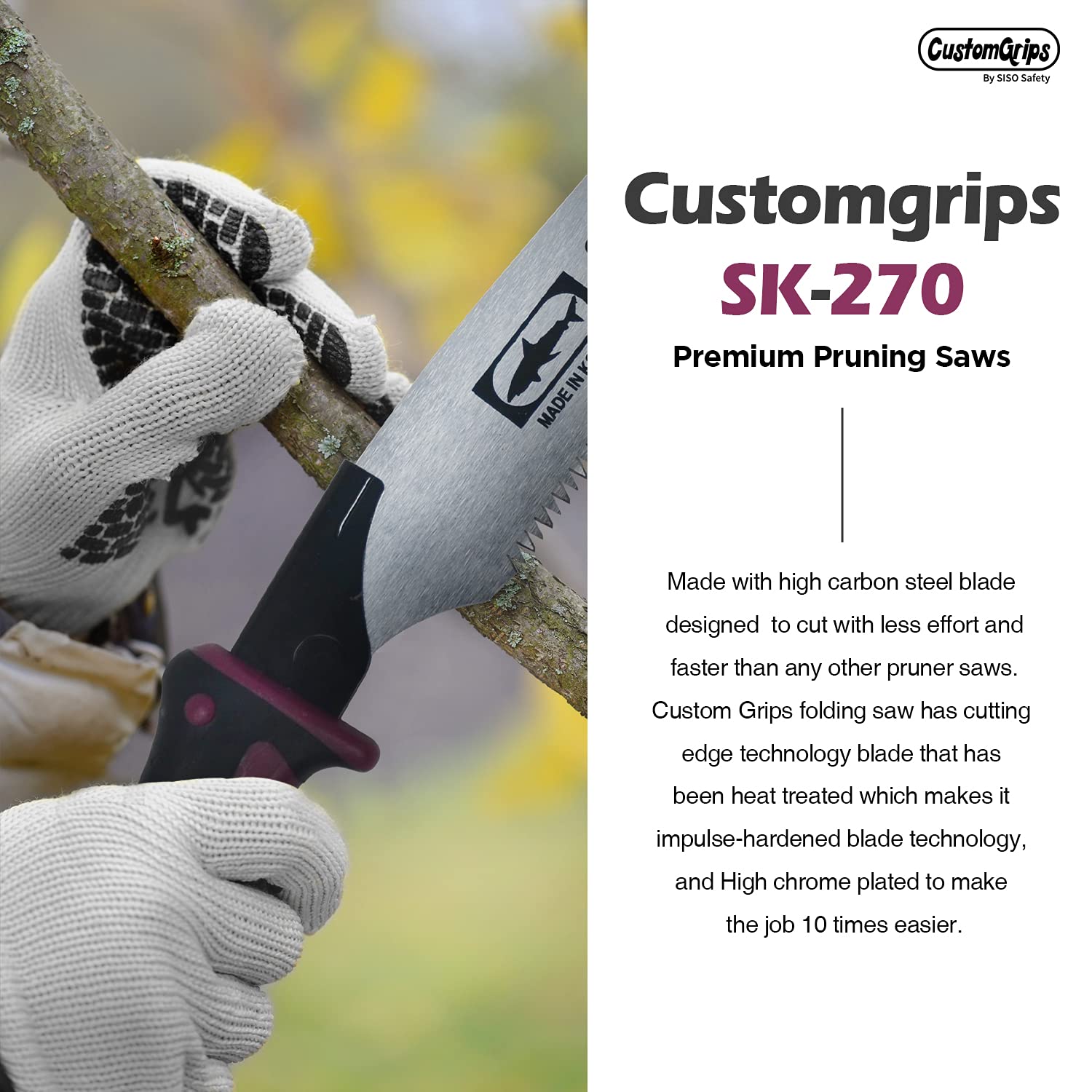 CustomGrips Professional 10.5 Inch Handle Saw, Ideal for Pruning, Horticulture, Tree Trimming, Camping, Gardening, Carpentry with Study High Plated Blade, Replaceable. [Carry Case Included] Large