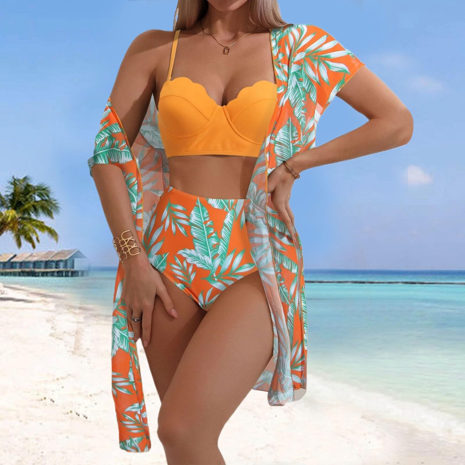 Ensemble Tankini 3 Pièces avec Haut à Manches Longues Haute et Push Up Maillot de Bain Élégant pour Femmes Tenue Plage Moderne 2024