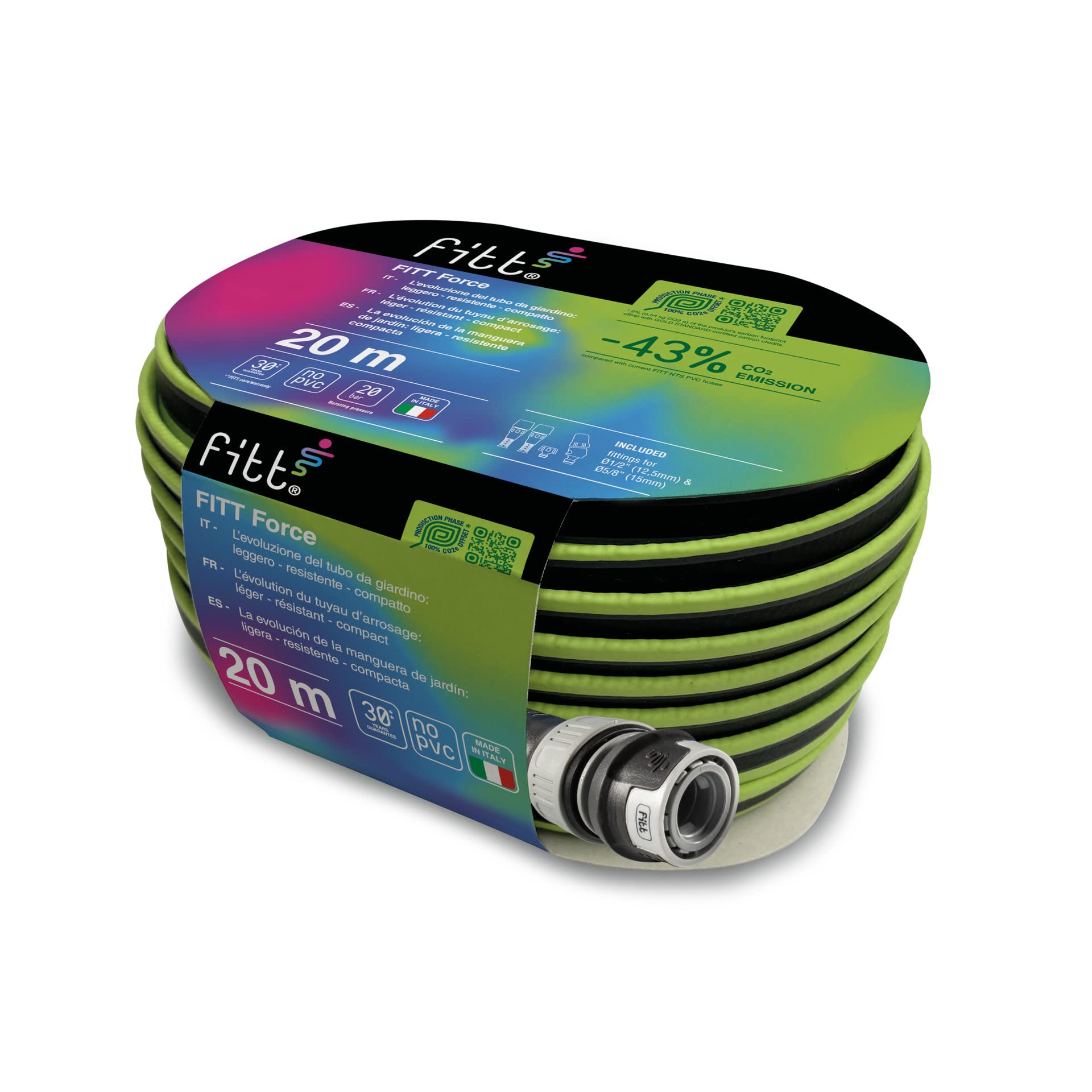 FITT FORCE 20 m, Tuyau d'arrosage pour Jardin, Léger, Résistant et Compact, pour Usage intensif, avec Lance, couleur Lime, -43% CO2e