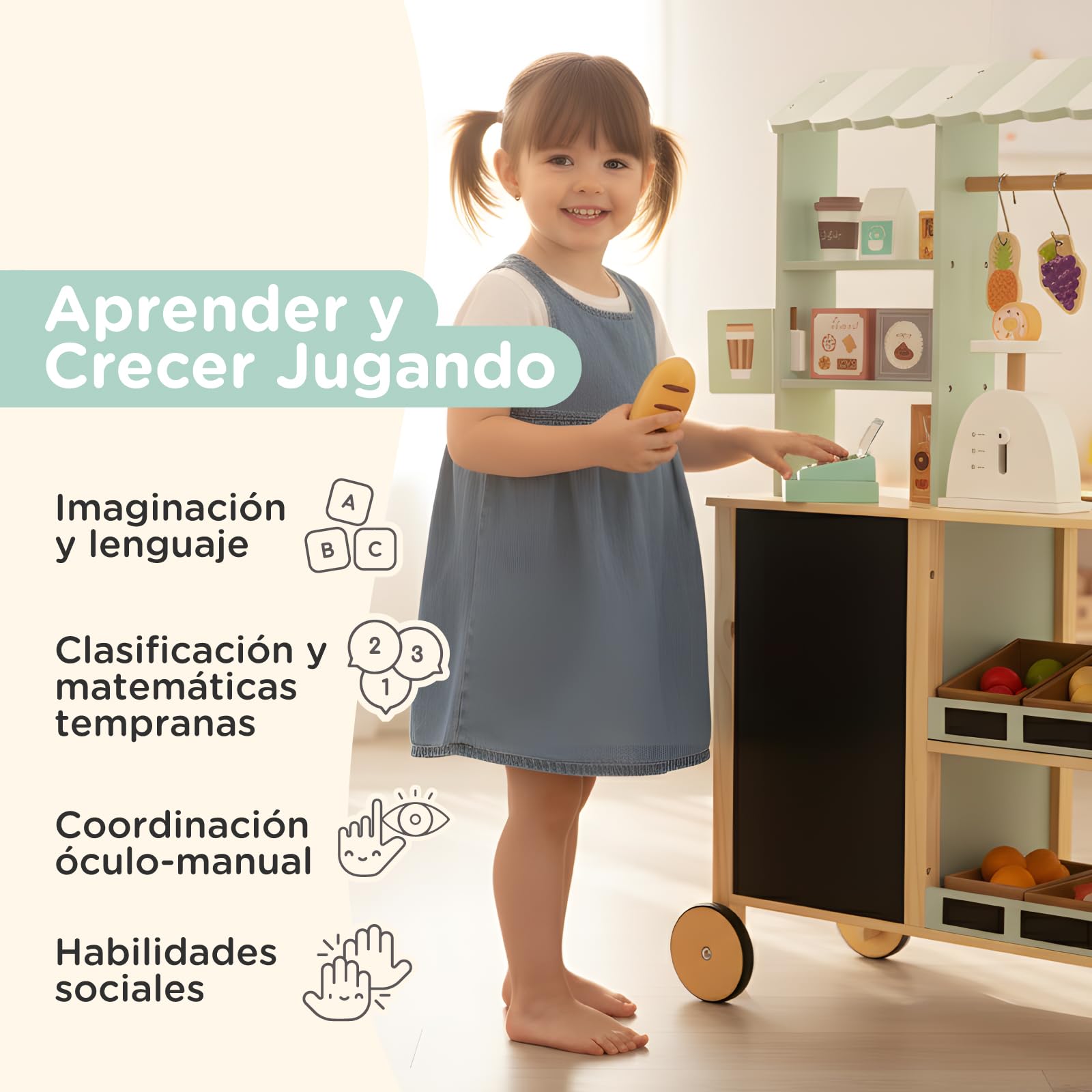 Nene Toys Tienda de Supermercado de Madera – Puesto de Mercado Todo‑en‑Uno con Caja Registradora, Balanza, Pizarra, Barra Colgante, Asa & Ruedas – Lado Reversible con Horno – Regalo Niños 3–7 Años