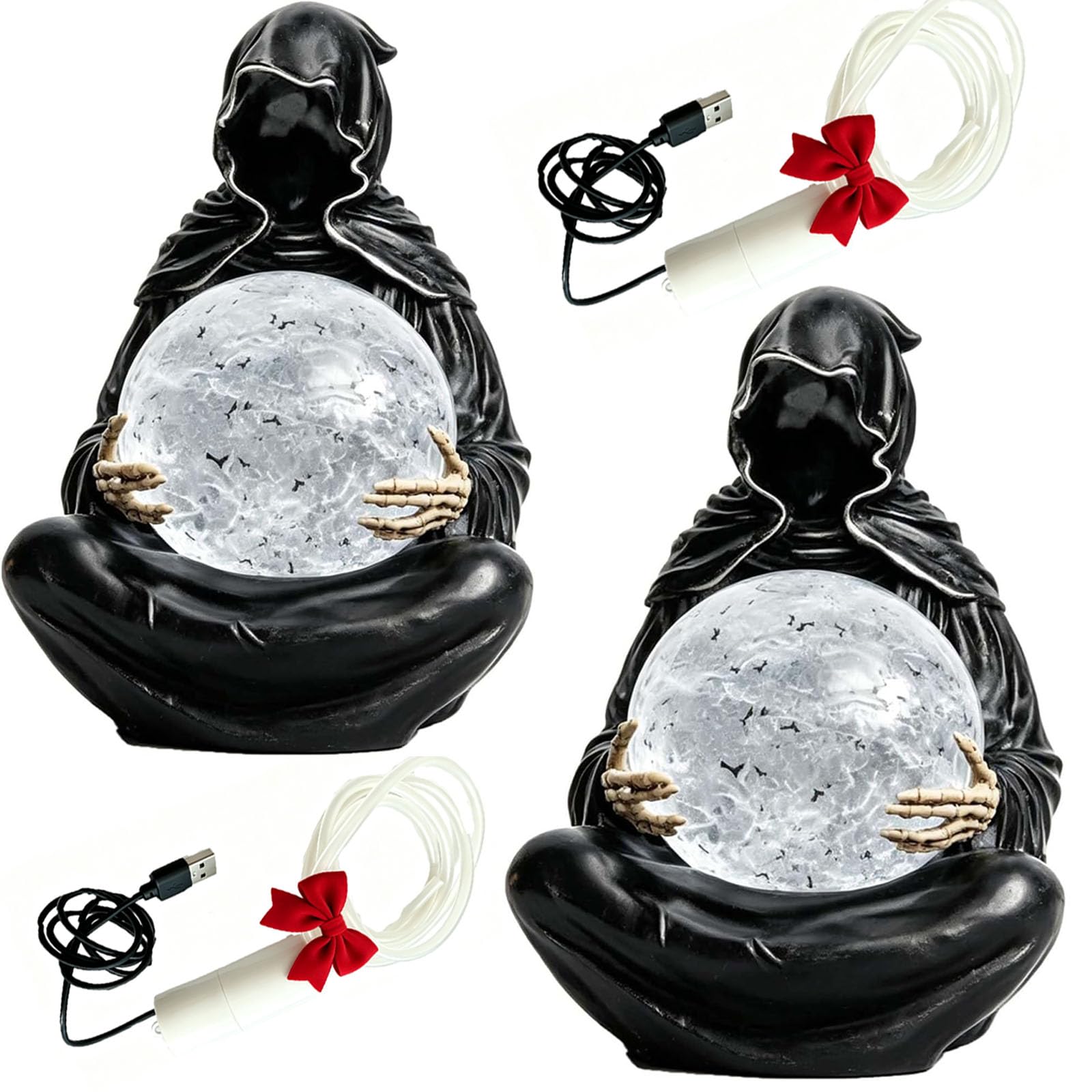 HYPYXUS Mystic Reaper Crystal Ball Light, Gothic Grim Reaper Statue (2pcs)