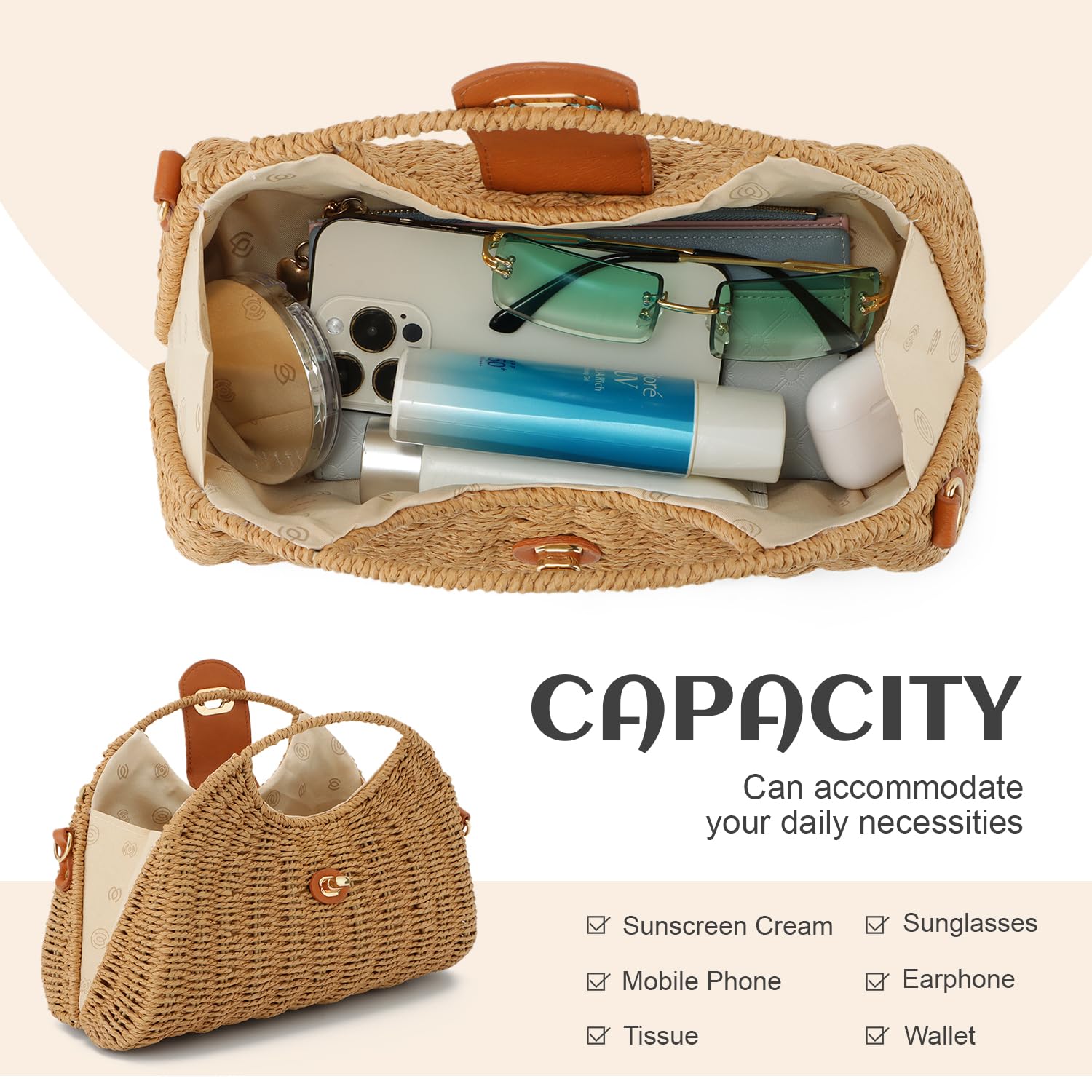 EVEOUT Bolso Bandolera Ratán Mujer Boho Chic Bolsos Cesta Paja Verano Bolsa de Mano Tejido para Playa Vacaciones