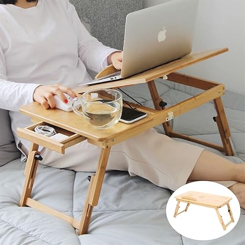 Miniatura 3 de Veryke - Escritorio de cama plegable de bambú de madera con cajón de mesa inclinable y bandeja de regazo ajustable para computadora portátil para