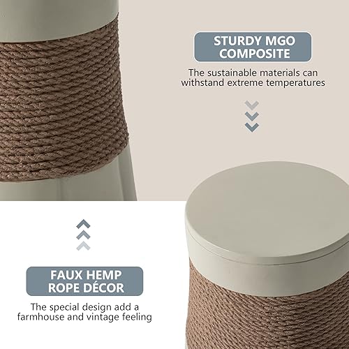 Miniatura 5 de COSIEST Mesa auxiliar para exteriores, mesa auxiliar MgO de forma redonda, mesa auxiliar de hormigón ligero con decoración de cuerda de cáñamo,