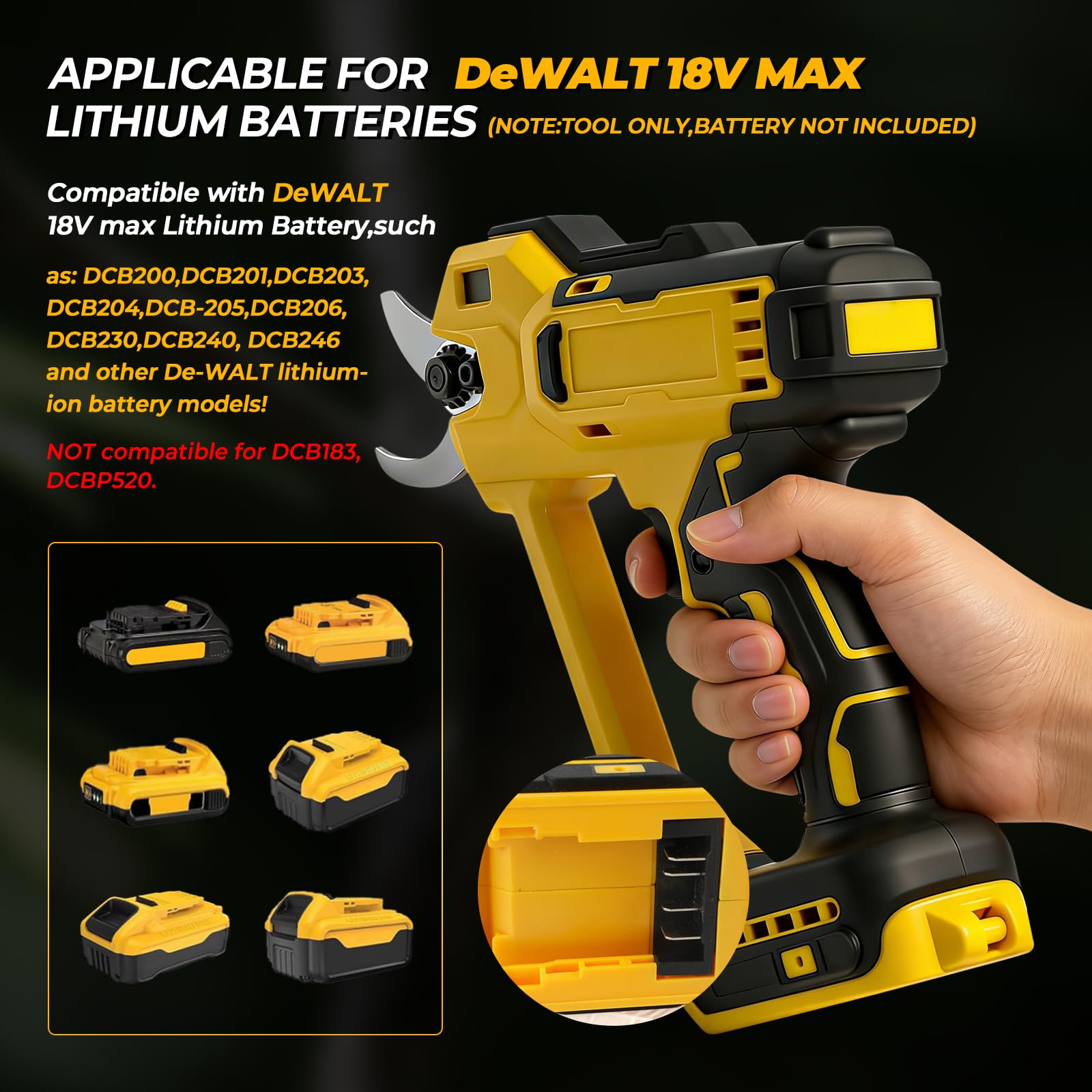 Bezprzewodowe sekatory elektryczne kompatybilne z akumulatorem Dewalt 18 V (bez baterii), 600 W, maks. 35 mm, sekatory ogrodowe do ogrodu, winorośl