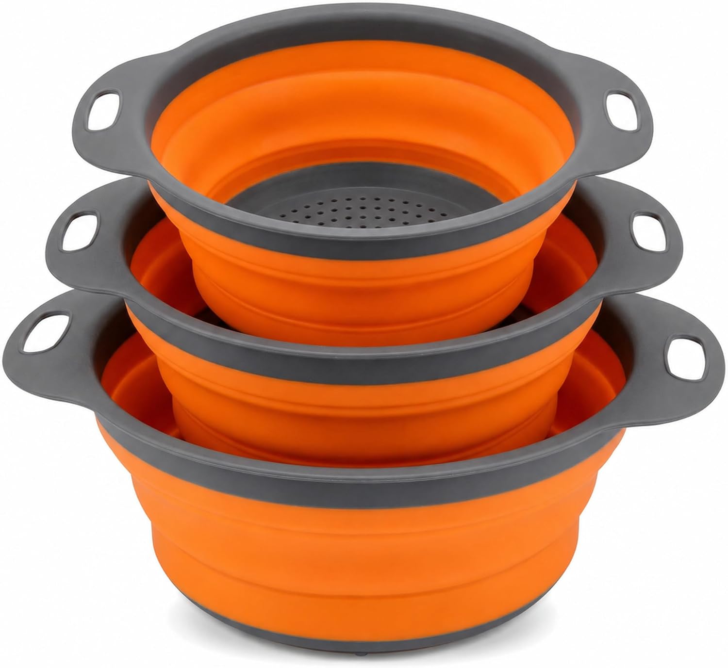 3-Piece Collapsible Kitchen Colander Set - Space-Saving Foldable Food Strainer with Sturdy Handles & Anti-Slip Base for Draining Pasta, Berry, Vegetable, Fruits - Perfect for RV, Camping (Orange)