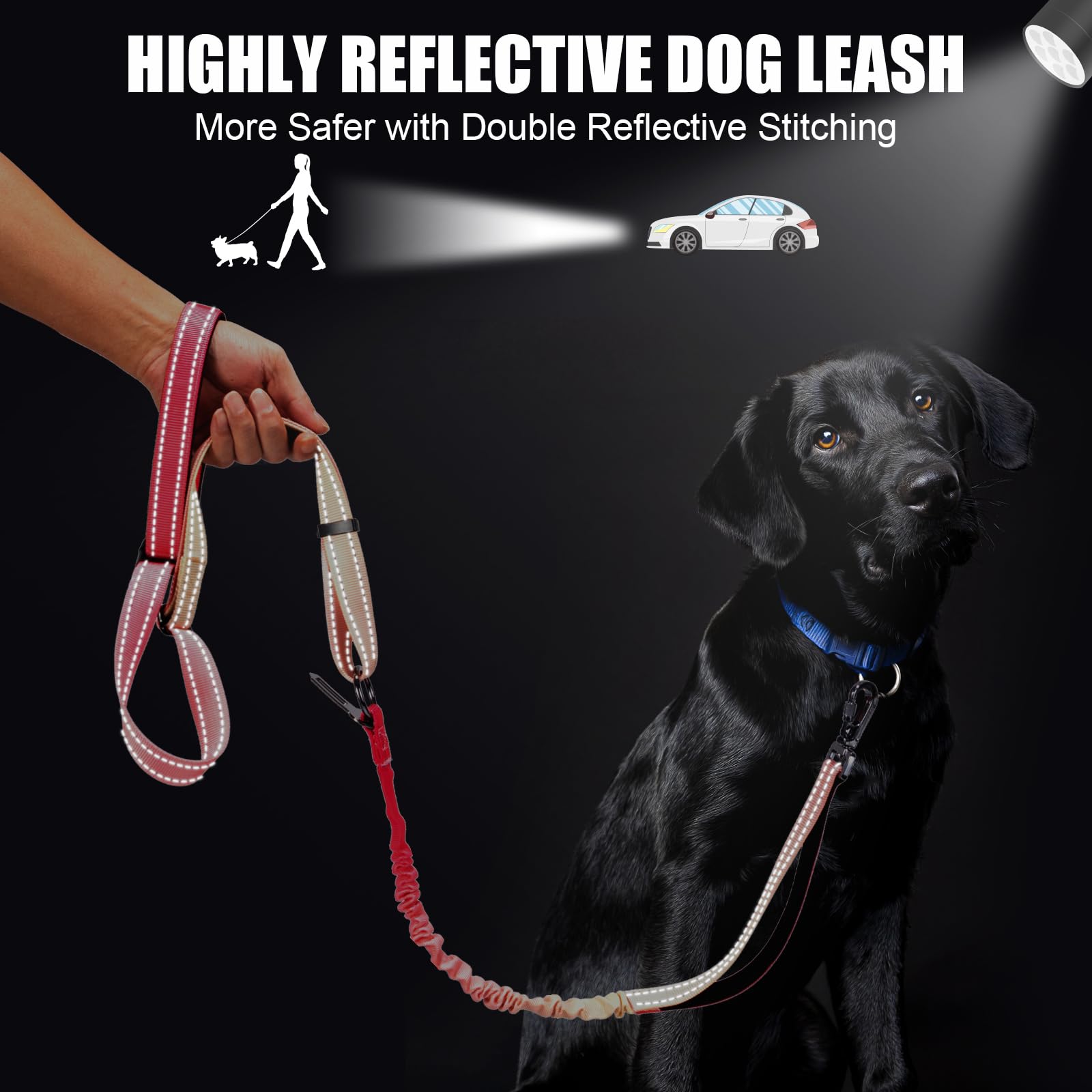 Laisse pour chien résistante mains libres, réfléchissante, taille réglable, avec poignées rembourrées, élastique absorbant les chocs et ceinture de sécurité de voiture pour chiens de grande et