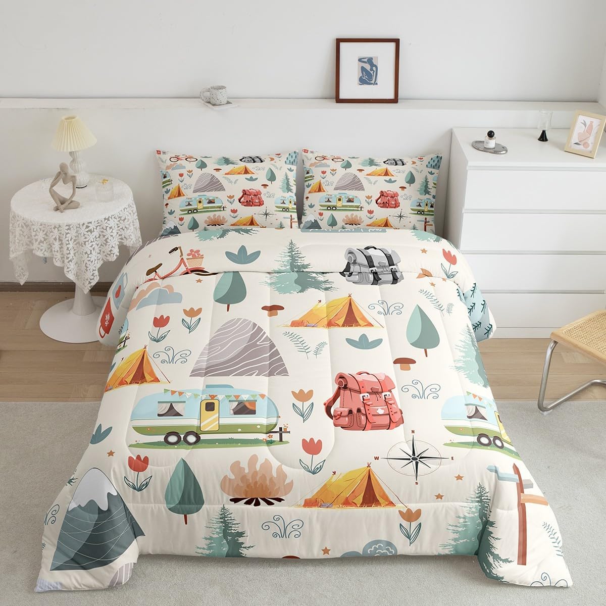 Erosebridal Summer Camp Camper Queen Comforter Set for Kids Child Camping Adventure Bedding Set for Boys Girls Bedroom Travel Car Rv Accessories Comforter Botanical Flowers Mountain Quilt