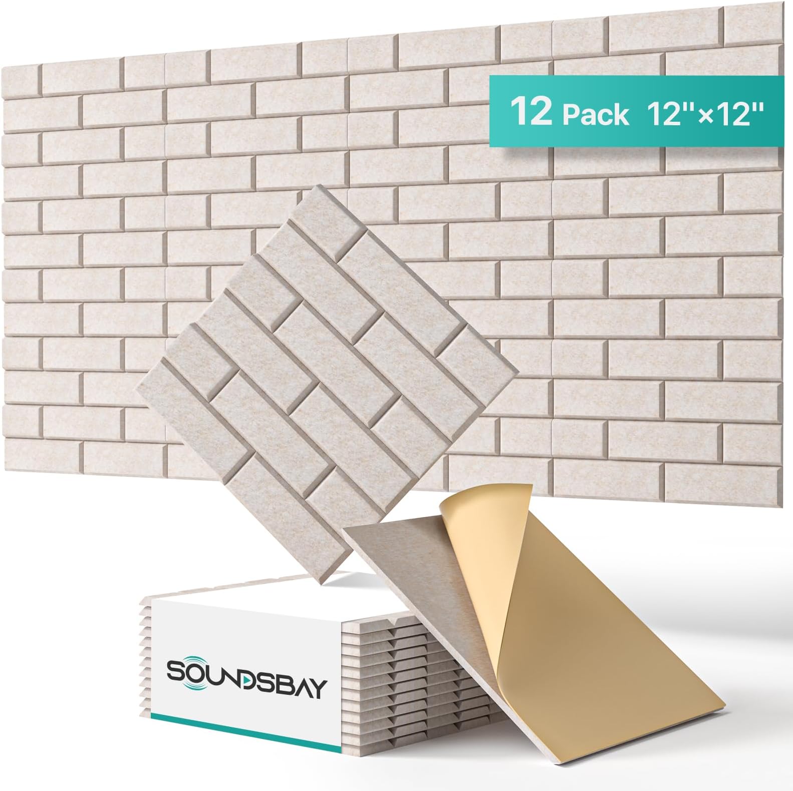 Soundsbay Acoustic Wall Panels, Self Adhesive Acoustic Panels, 12 Pack Brick Soundproof Wall Panels High Density Sound Panels for Walls, Office,Reccording Studio, Ceiling 12" X 12" X 0.4" Beige