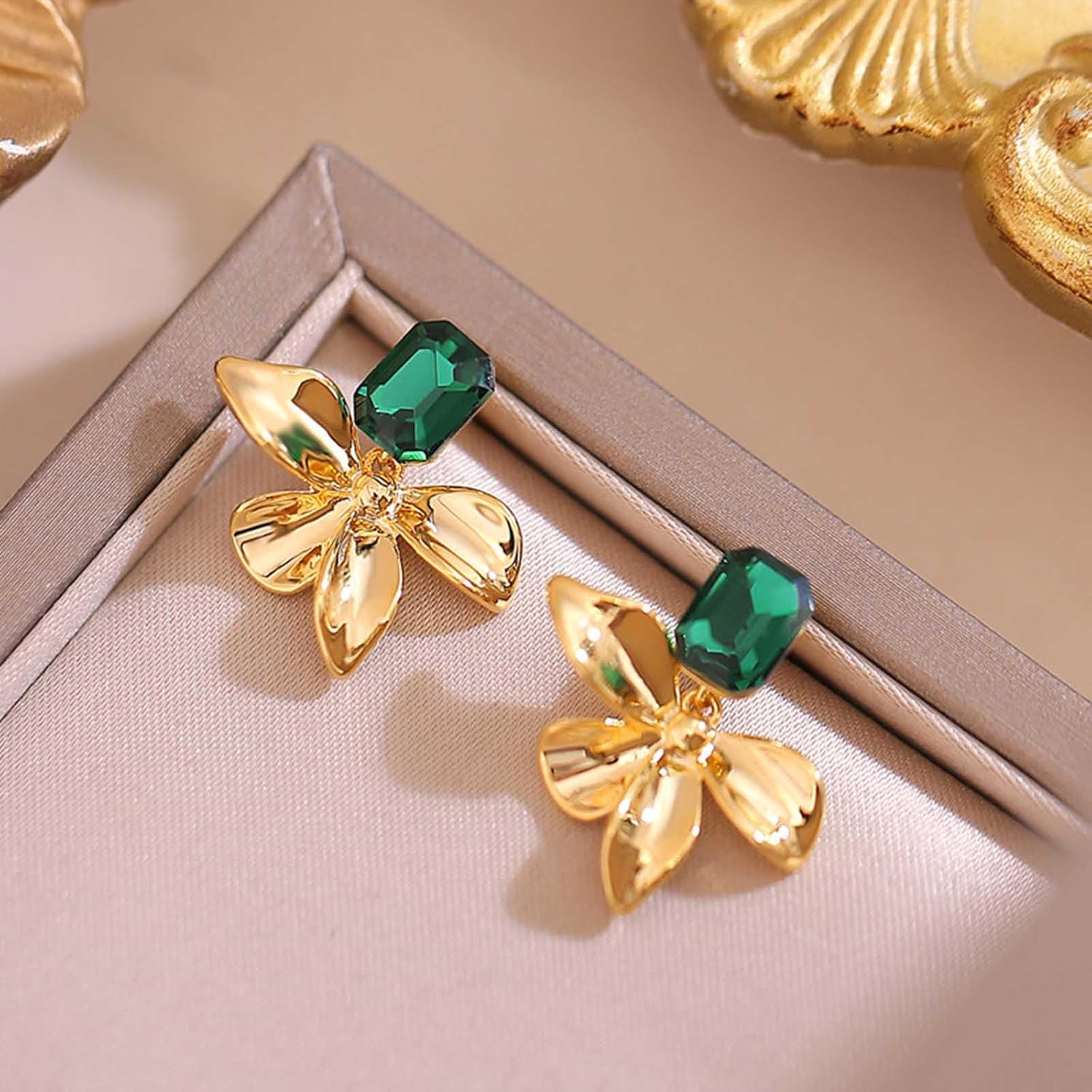 W WEILIRIAN Vintage Square Emerald Earrings Gold Flower Drop Earrings Green Crystal Stud Earrings Green Cz Earrings Metal Flower Earrings Jewelry for Women - Image 4