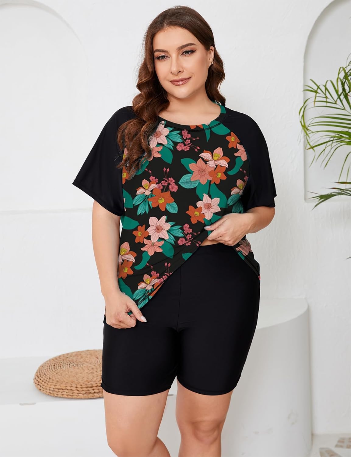 ZOMVA Plus Size Women's 2 Piece Rash Guard Swimsuit Modest Short Sleeves Swim Shirt with Boyshorts UPF 50+