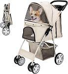 Poussette chien pour petits chiens et chats moyens, Pousset de chat pour chiot pliant Pousse de chat avec porte-gobelet et panier de rangement, 4 Roues roses