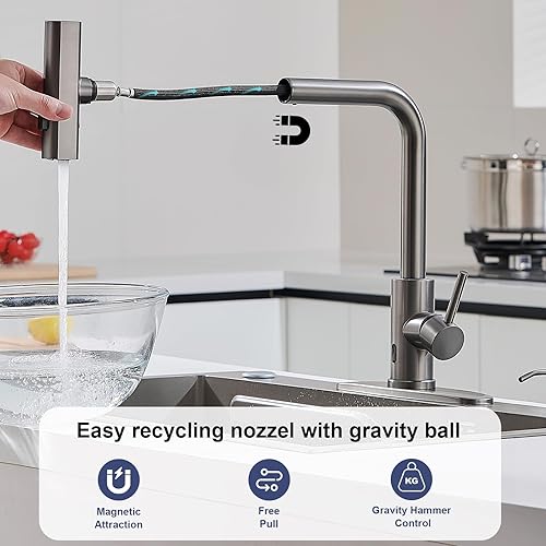 Miniatura 14 de Grifos de cocina de níquel cepillado con rociador desplegable y dispensador de jabón, un solo orificio y mango, grifo extraíble, grifo de fregadero