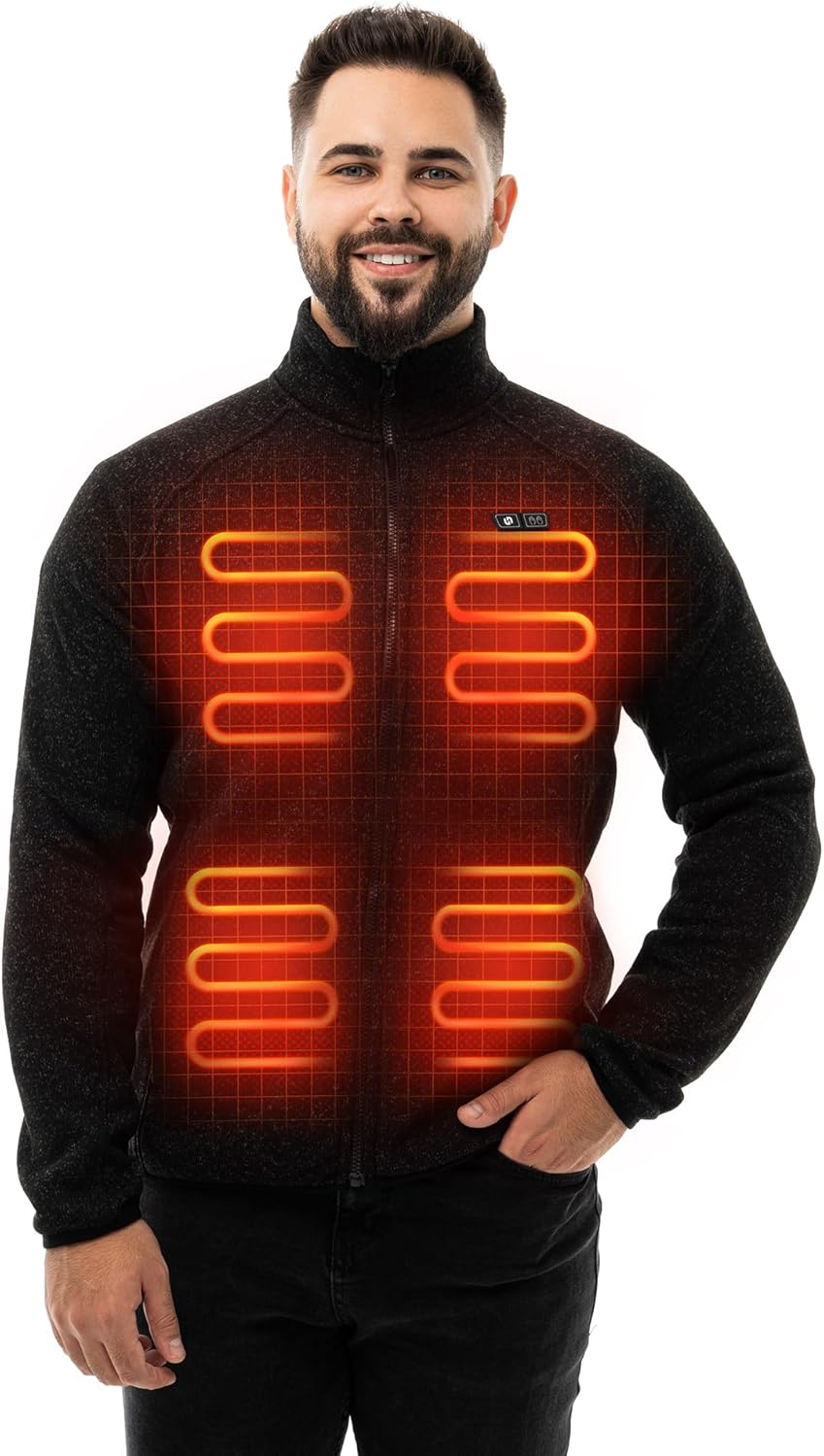 HENNCHEE Heated Fleece Jackets for Men with 12V 16000mAh Battery Pack, Knitted Heating Sweater, Zip Up Sweatshirt