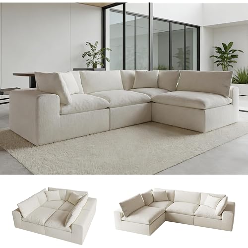 130" Modern Modular L-Shaped Couch, Sectional Couches for Living Room, Deep Seat Cloud Couch, No Assembly Required Sleeper Sofa, Boneless Couches with Armrests（Warm White）