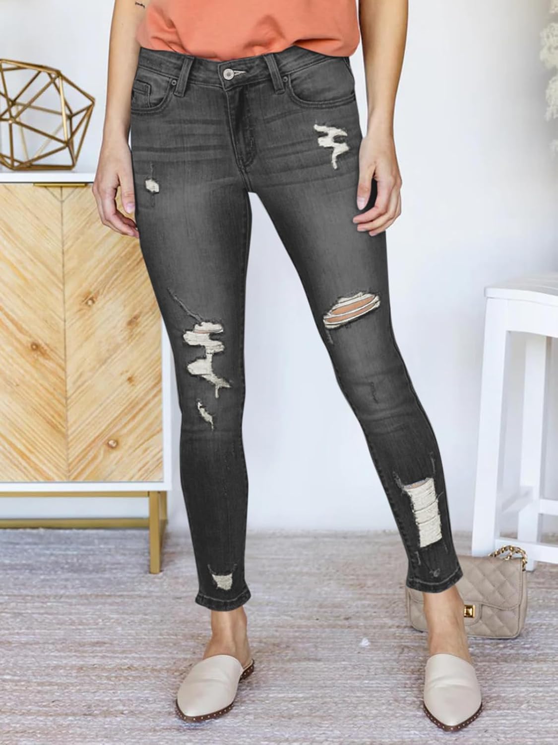Women's Mid Waisted Jeans Trendy Distressed Stretch Ripped Butt Lift Denim Pants (Pack of 2) - Image 5