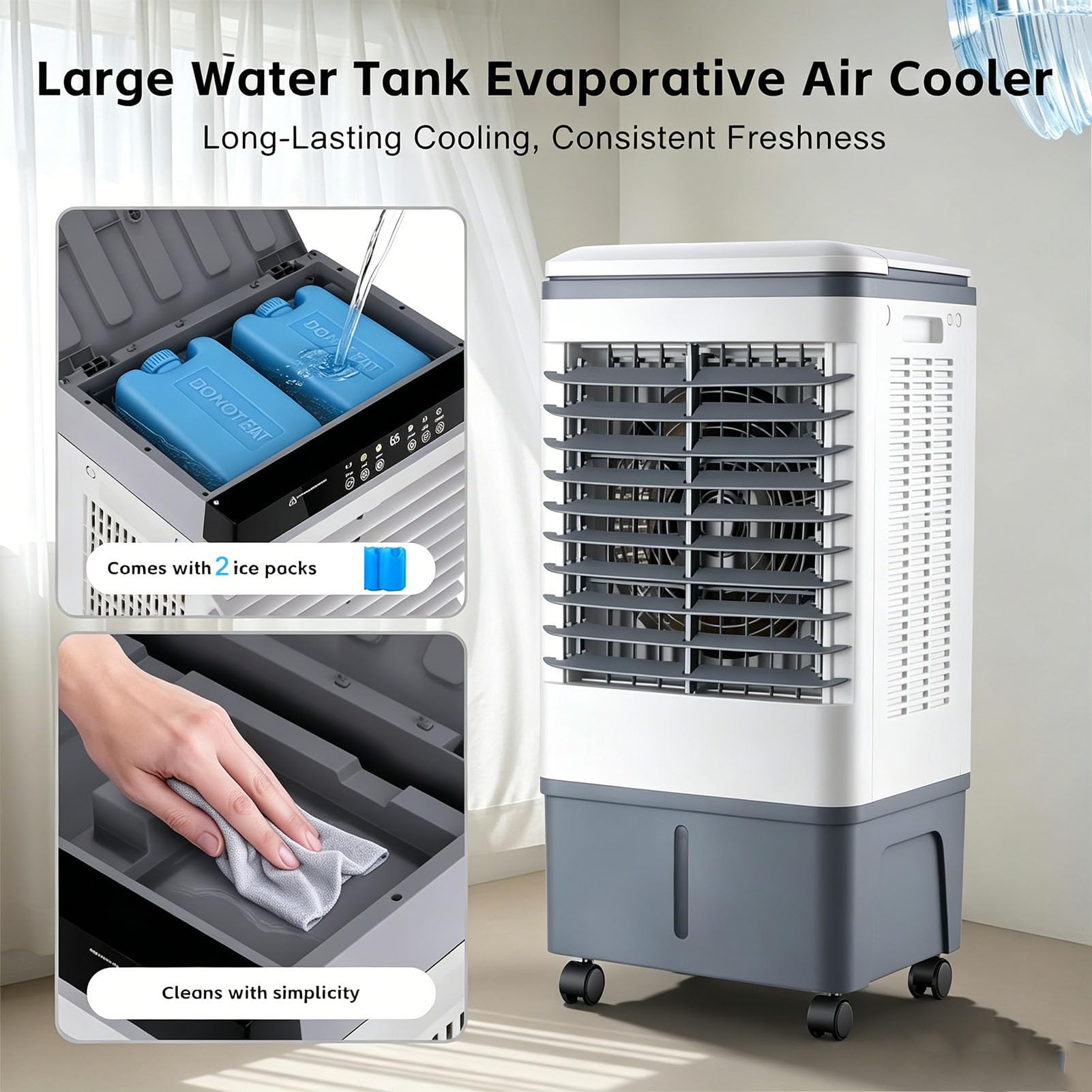 Raffreddatore d'aria evaporativo, 75 W, presa d'aria, ventola di raffreddamento portatile mobile, serbatoio dell'acqua visibile da 20 litri, 3 modalità, 3 velocità, per grandi stanze