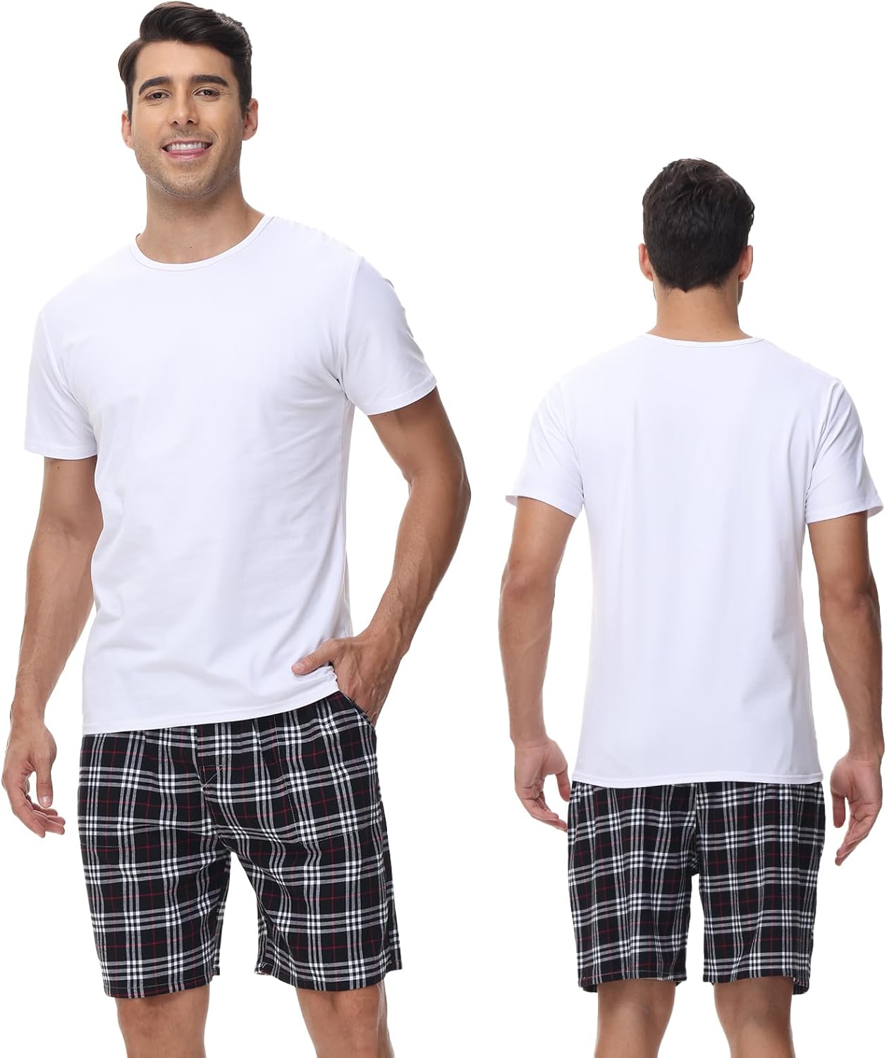yuyangdpb Men's 3-Pack Woven Pajama Short Cotton Plaid Sleepwear Shorts Button Open Fly with Pockets - Image 2