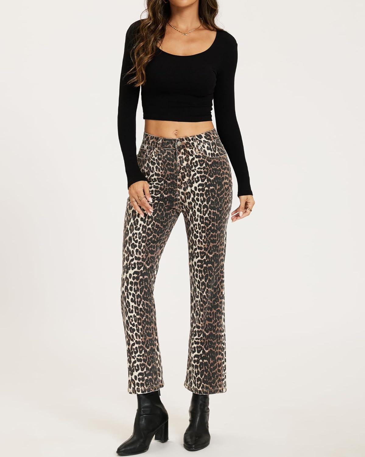 Women's Leopard Bell Bottom Jeans Cropped High Rise Stretchy Cheetah Print Demin Pants - Image 6