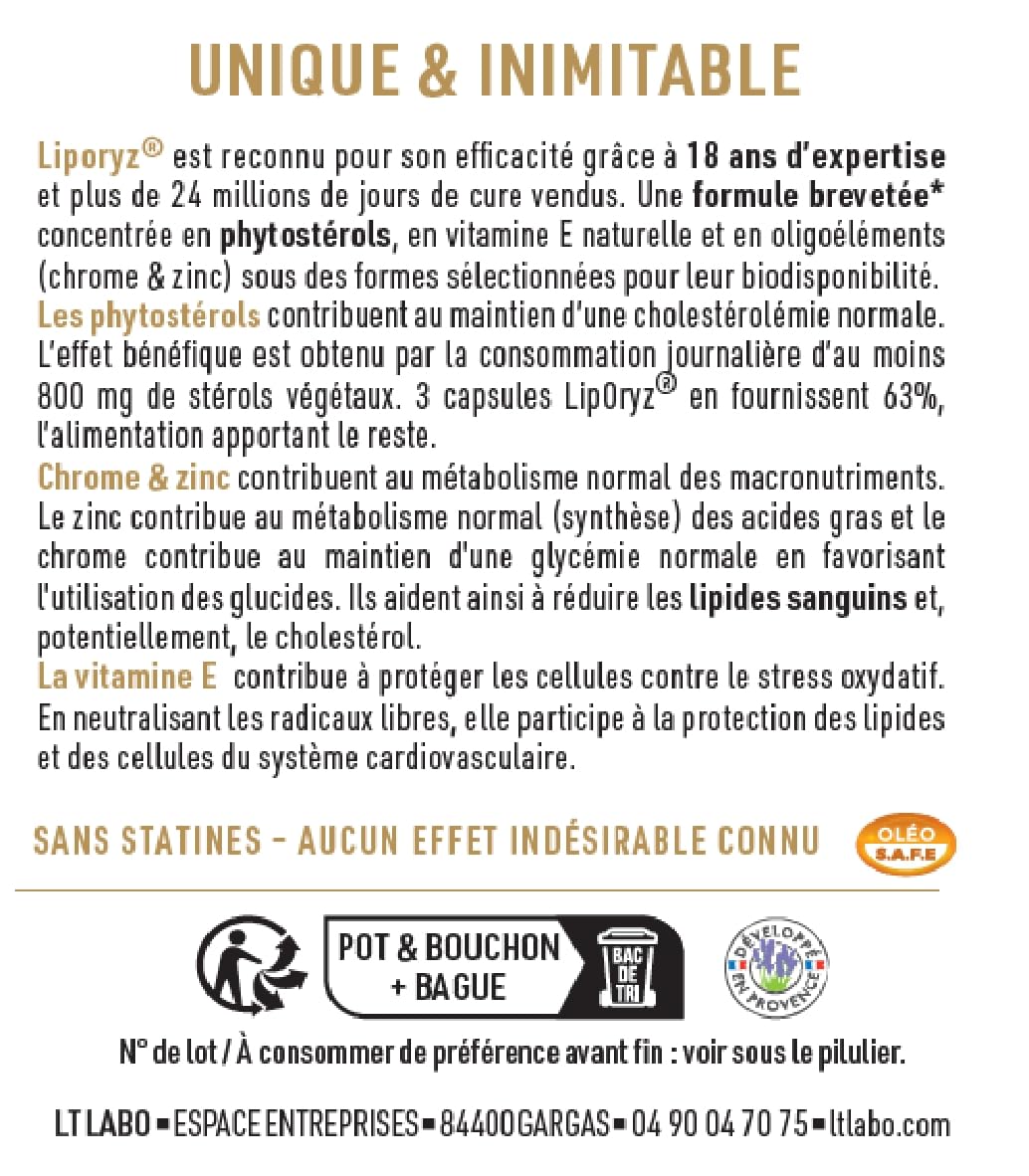 LT Laboratoire LipOryz - Huile de Son de riz - 270 Gélules - Equilibre lipidique - Fabriqué en France