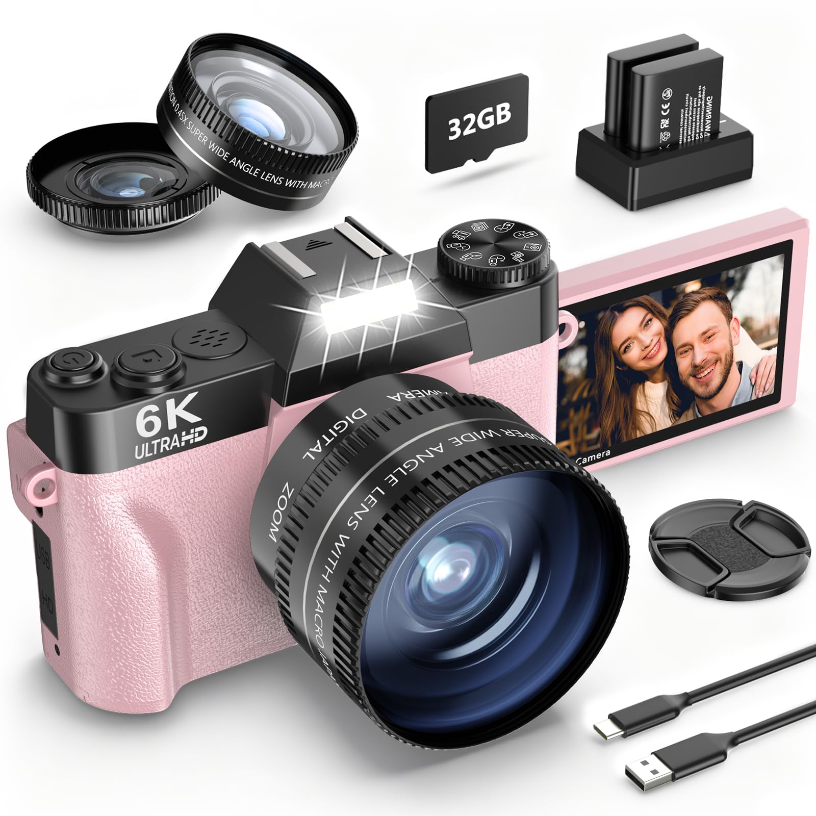 6K 64MP Digital Camera for Photography NIKICAM Vlogging Camera for YouTube with 180° Flip Screen, WiFi,16X Digital Zoom, 52mm Lens, 2 Batteries, 32GB Micro SD Card(Pink)