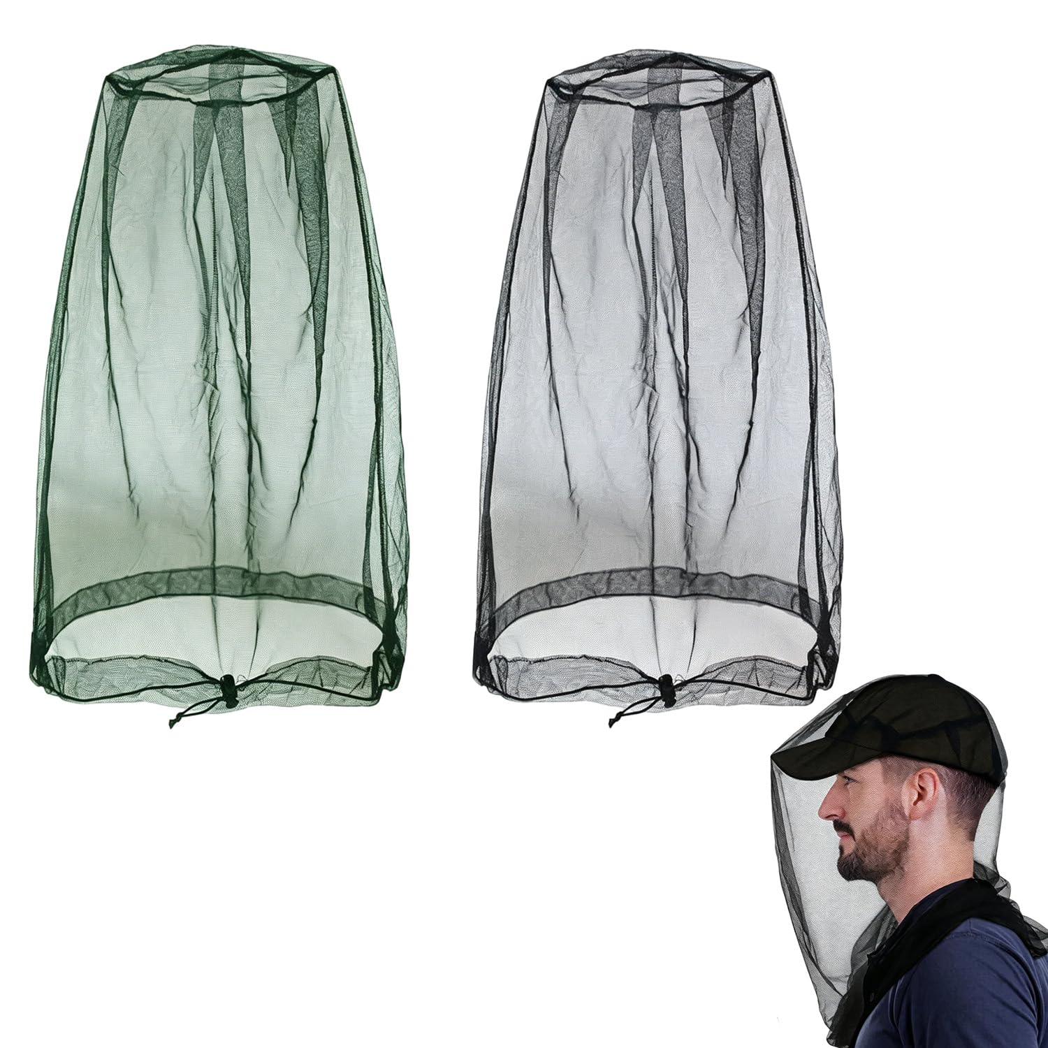 2 Pezzi Cappello con Rete Antizanzare, Rete per Zanzariera per Testa 46x46cm, Protezione Insetti per Viso e Collo, Ideale per Pesca, Campeggio, Apicoltura e Outdoor, Nero e Verde Militare