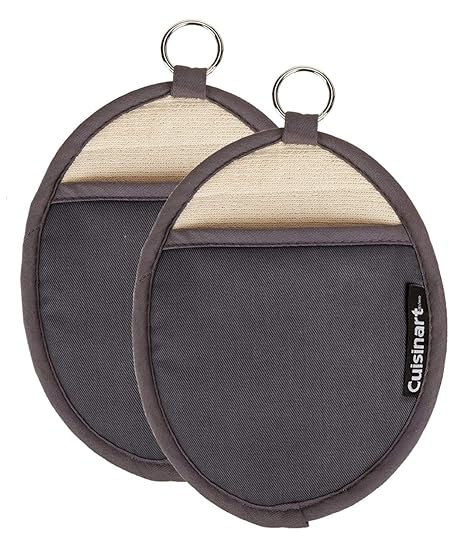 Cuisinart Silicone Oval Pot Holders and Oven Mitts - Heat Resistant, Handle Hot Oven/Cooking Items Safely - Soft Insulated Pockets, Non-Slip Grip and Convenient Hanging Loop - Grey, 2pk