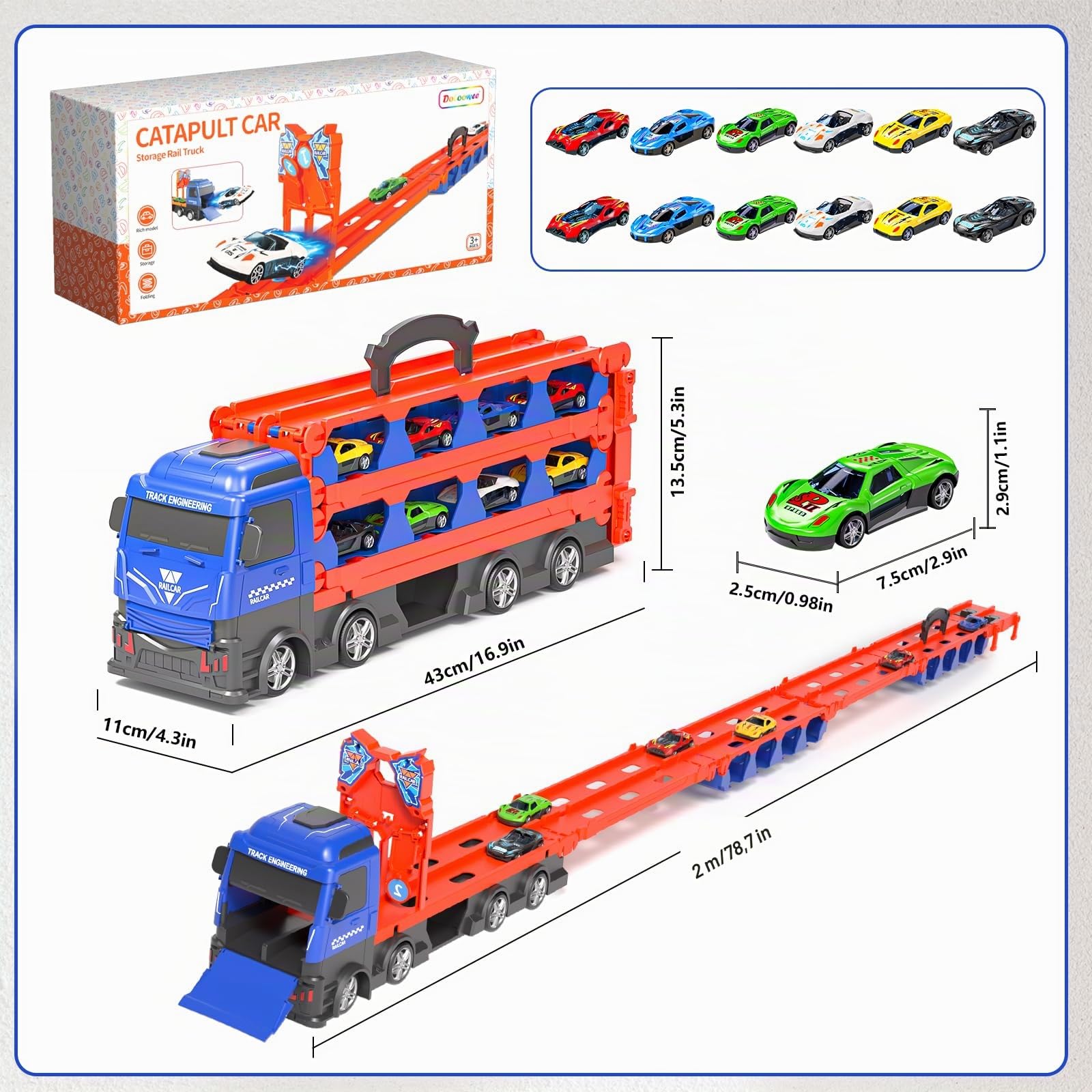 Doloowee vagón catapulta para Juguetes a Partir de 3 años, camión de Transporte portátil Coches de Juguete con 12 Mini Coches de Carreras, Coche transportador de Juguete para niños de 3 4 5 6 7 años