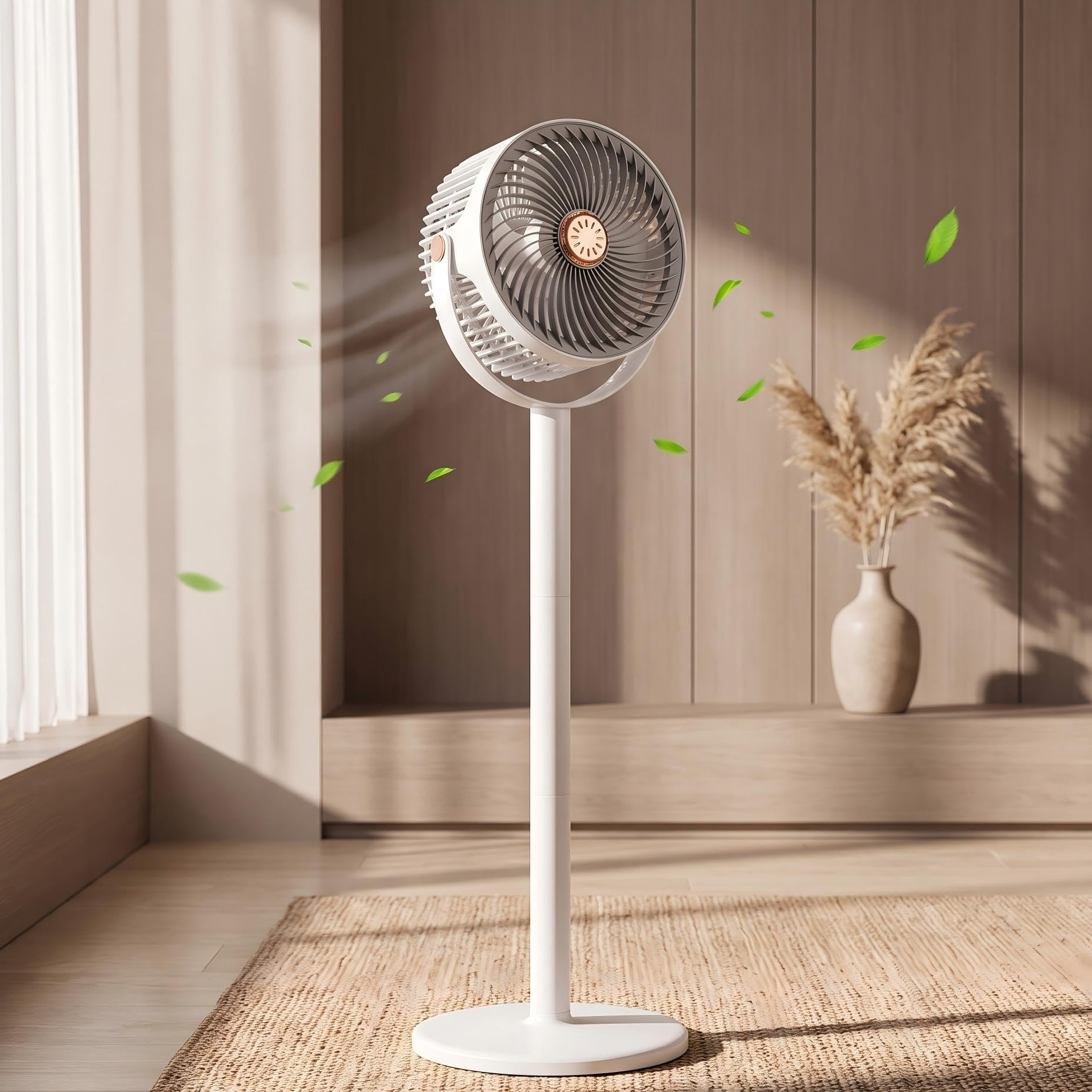 Ventilatore a piedistallo, 28–86,5 cm, regolabile, silenzioso, oscillazione a 360°, 5 velocità, 4000 mAh, ricaricabile tramite USB-C, con funzione aromaterapia per l'uso in camera da