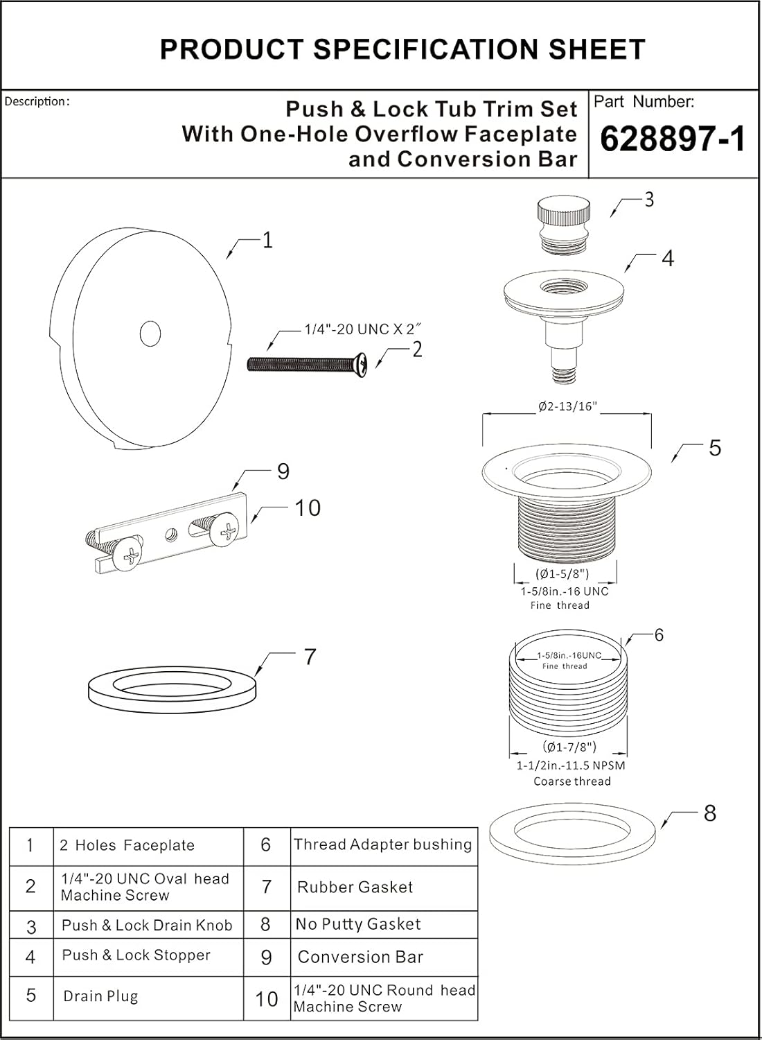 Artiwell Push & Lock Tub Trim Set with Single-Hole Overflow Faceplate, Bathtub Conversion Kit Assembly with Conversion Bar, Universal Fine/Coarse Thread, No Putty Installation (BRUSHED GOLD) - - 