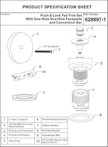 Miniatura 7 de Artiwell Push & Lock - Juego de molduras para bañera con placa frontal de desbordamiento de un solo orificio, kit de conversión de bañera con barra