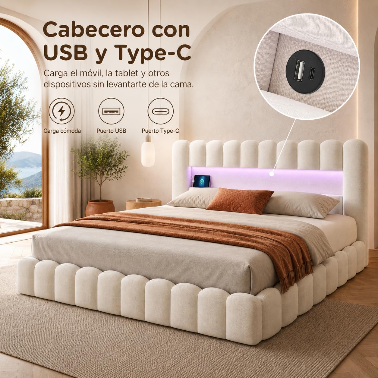 Cama Canapé Abatible 180x200cm con Almacenaje Hidráulico, Cama Matrimonio Tapizada con LED, USB y Tipo C, Cabecero Acolchado con Estante, Somier de Láminas Incluido, Lino Beige, Sin colchón