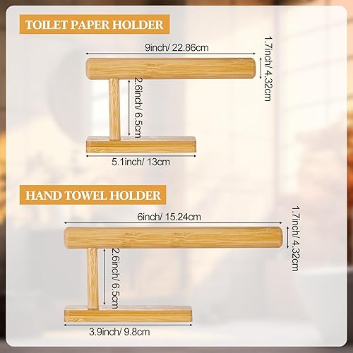 Miniatura 2 de Maxcheck 2 piezas de soporte de bambú para papel higiénico montado en la pared, toallero de madera, soporte para papel higiénico y toallero, juego