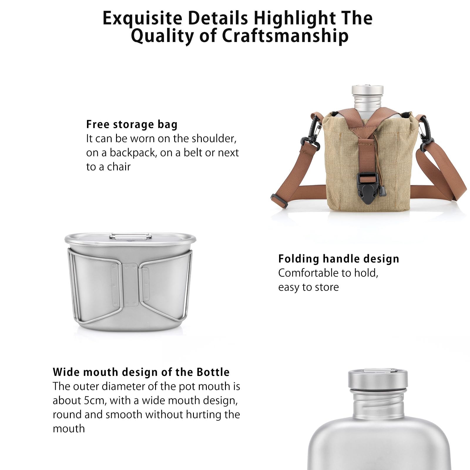 KEITH Titan Camping Kochgeschirr-Set 1100ml Army Titan Trinkflasche Militär Wasserflasche Mit 700ml Camping Topf mit Deckel Faltbare Griffe und Tarntasche zum Wandern, Klettern und Campen