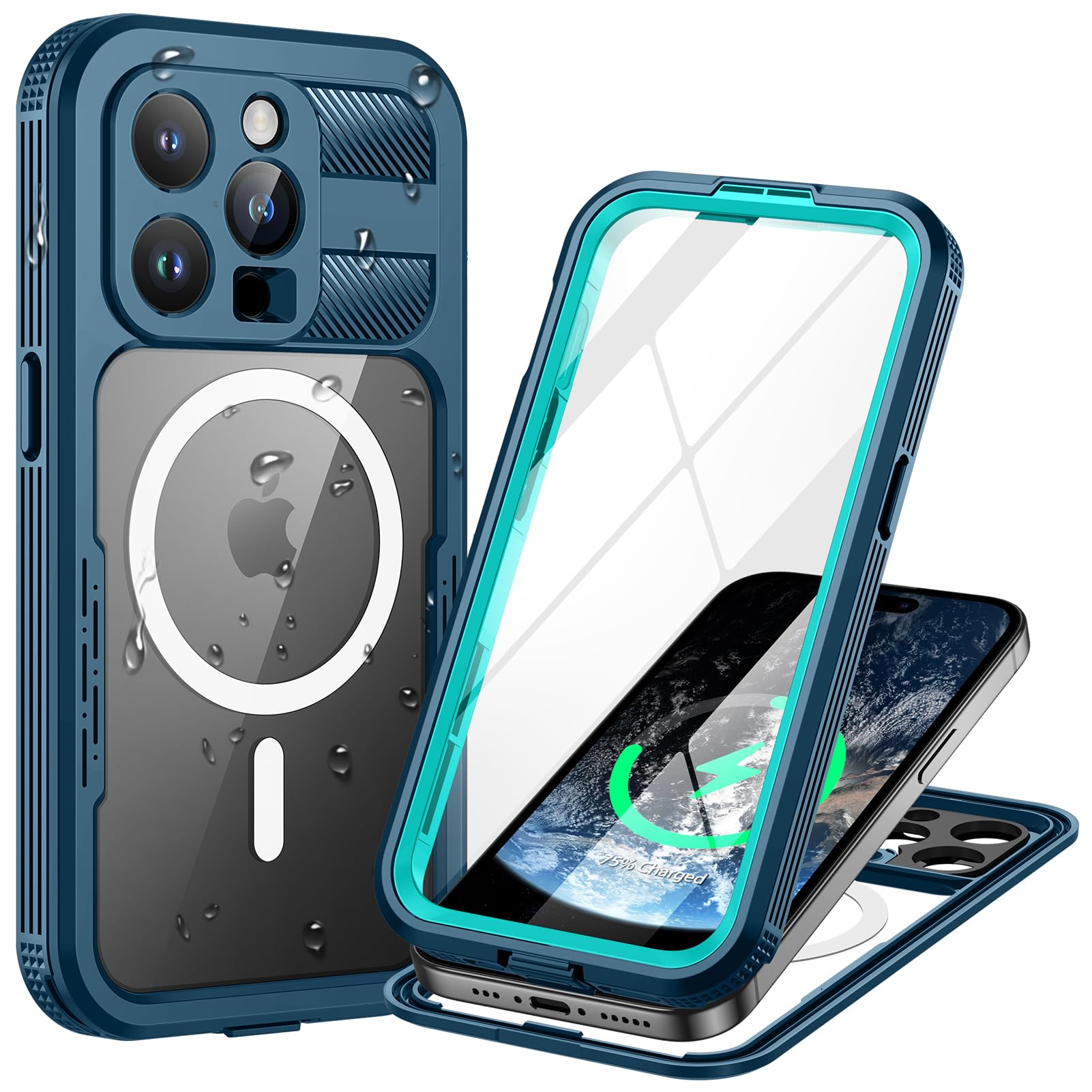 Lanhiem Magnetic for iPhone 15 Pro Case, IP68 Waterproof Dustproof Case, [Compatible with Magsafe] [Built-in Screen Protector] Full Body Heavy Duty