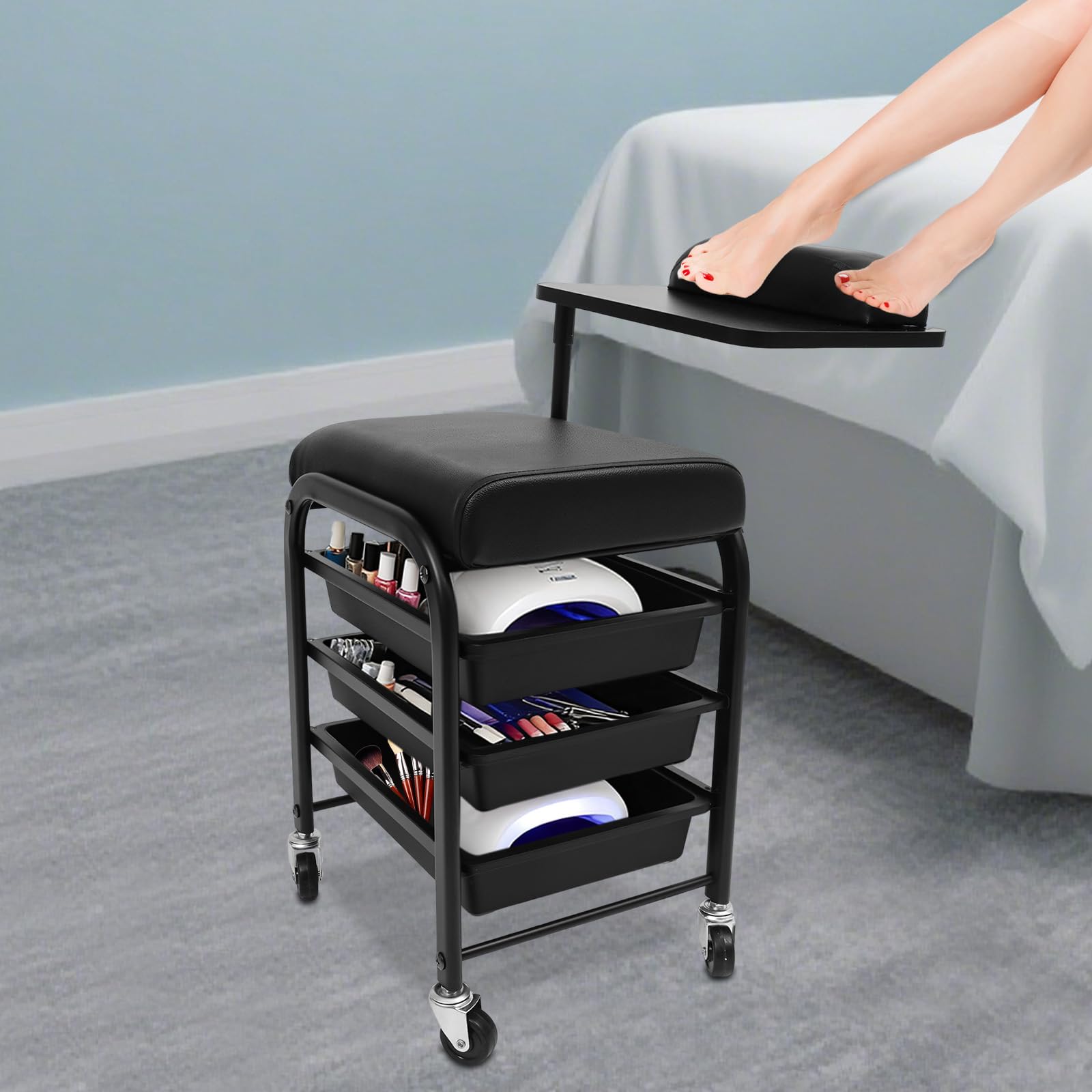 Carrello per salone di bellezza, con 3 cassetti e vassoio girevole a 360°, con ruote, per poggiapiedi, pedicure, manicure, fino a 75 kg