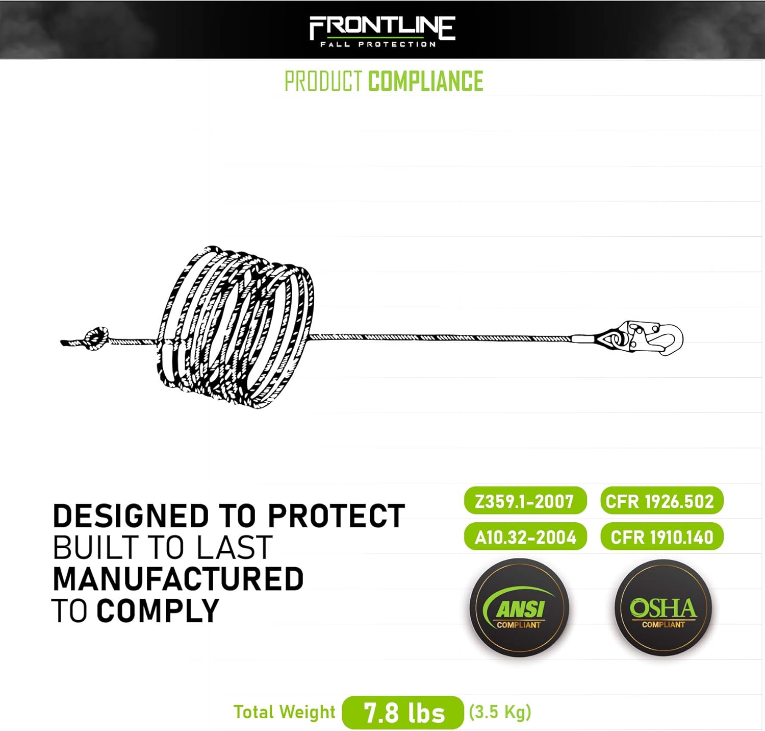 Frontline VLP50 Vertical Lifeline with Snap Hook 50' | 5/8'' Diameter Polysteel Twisted Rope | ANSI & OSHA Compliant | Roofing & Scaffolding - - 