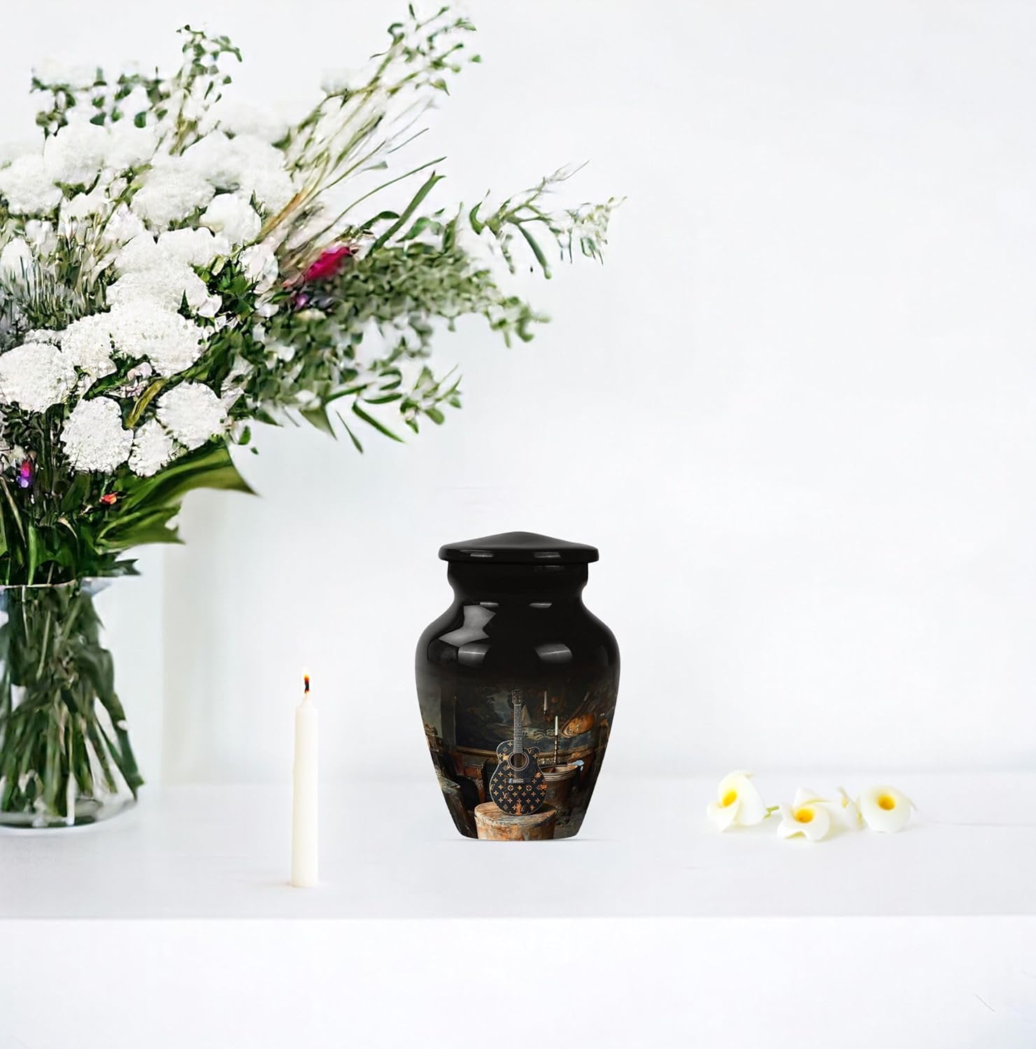 Guitar Urn - Combo of 1 Large Urn with Velvet Bag and 4 Small - Urns for Ashes Adult Male Large - Keepsake Urn for Human Ashes for Male & Female - Cremation Mini Urns for Ashes, Black