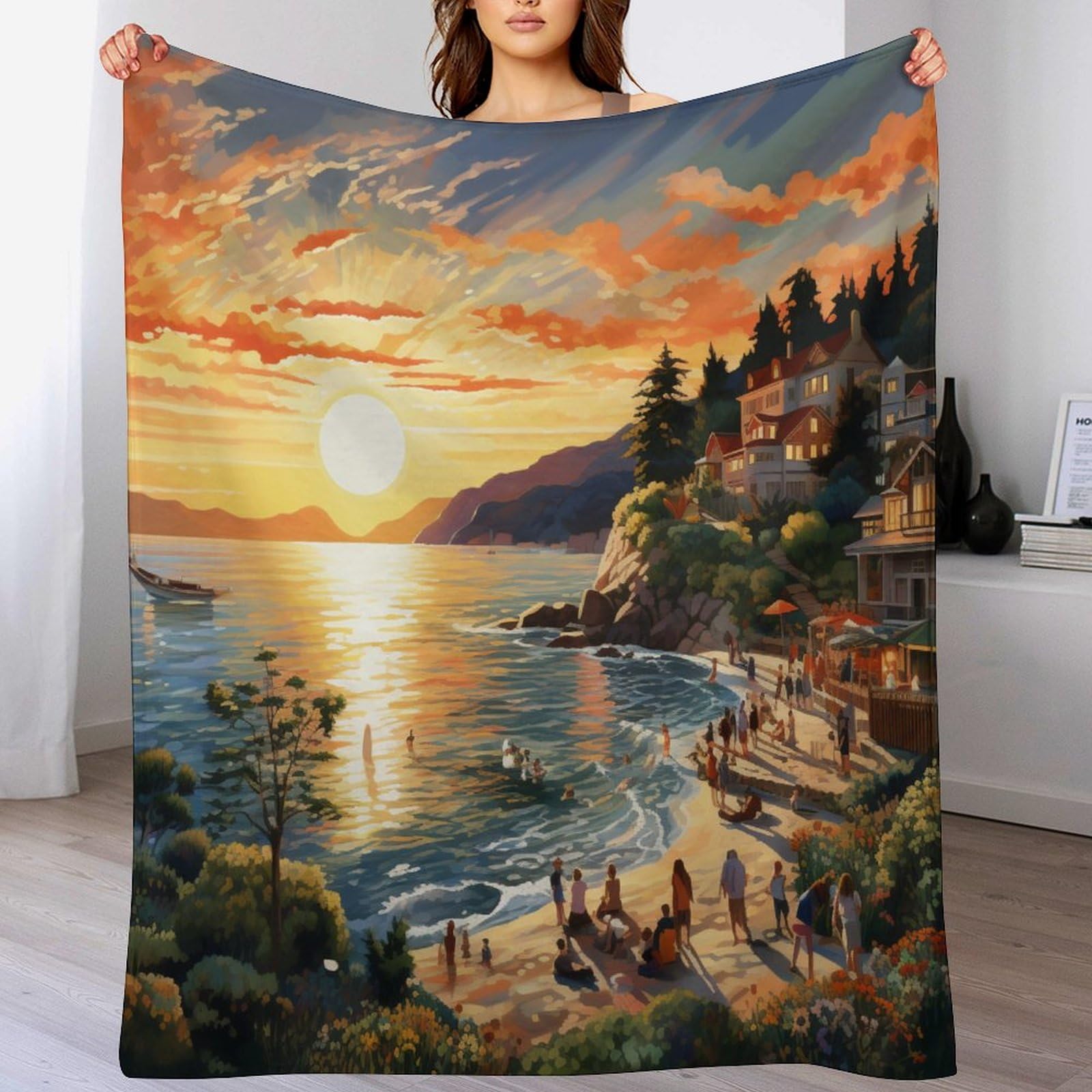 Couverture polaire coucher de soleil résistantes au lavage et anti-bouloche pour lit