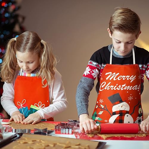 Miniatura 6 de Delantal de Navidad de 4 piezas, delantal de búfalo rojo y negro, delantal ajustable para hornear de cocina con palabras de copo de nieve