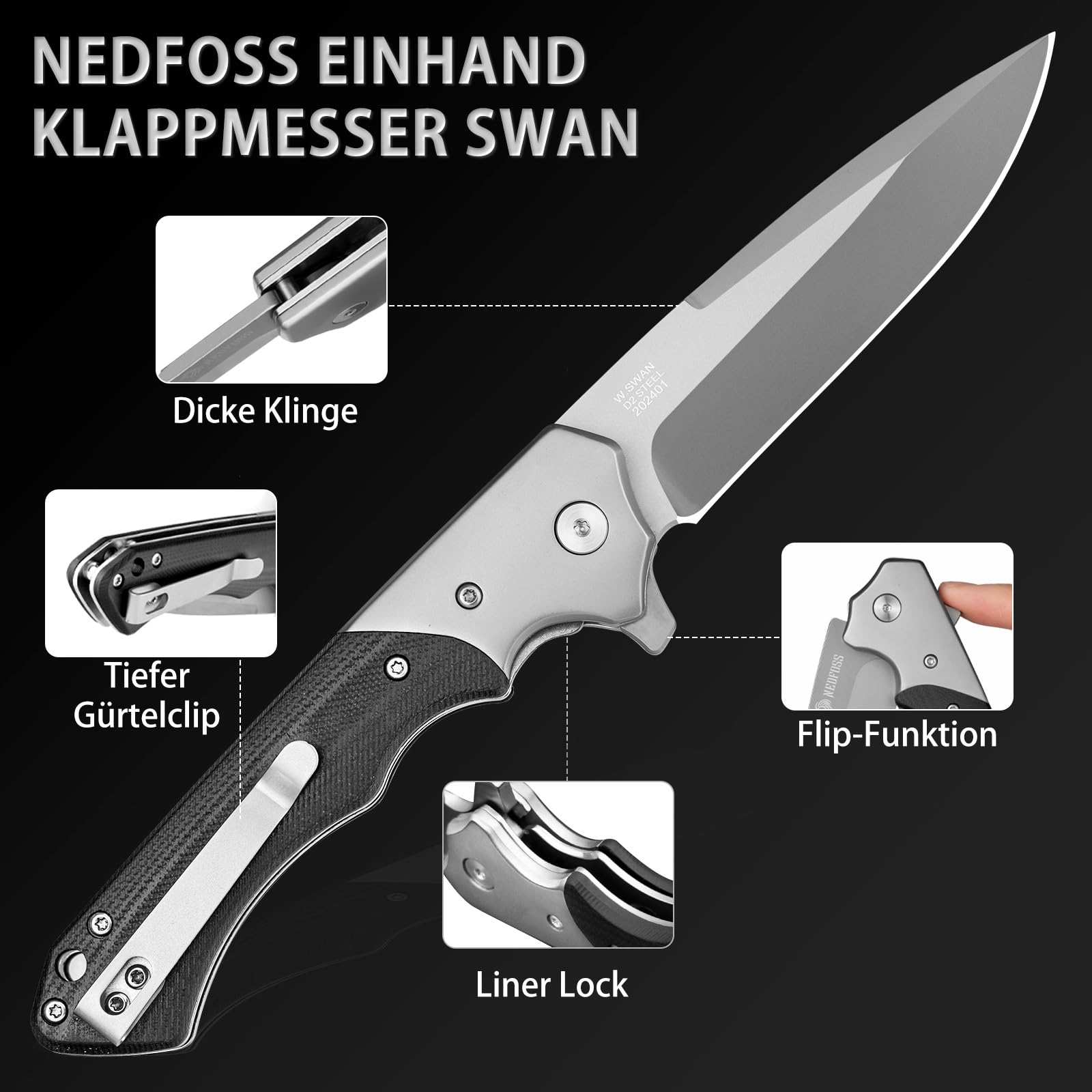 NedFoss SWAN couteau pliant, clip ceinture couteau, d2 acier couteau survie, couteau de poche, couteau de sauvetag, Idéal pour la survie, les cadeaux