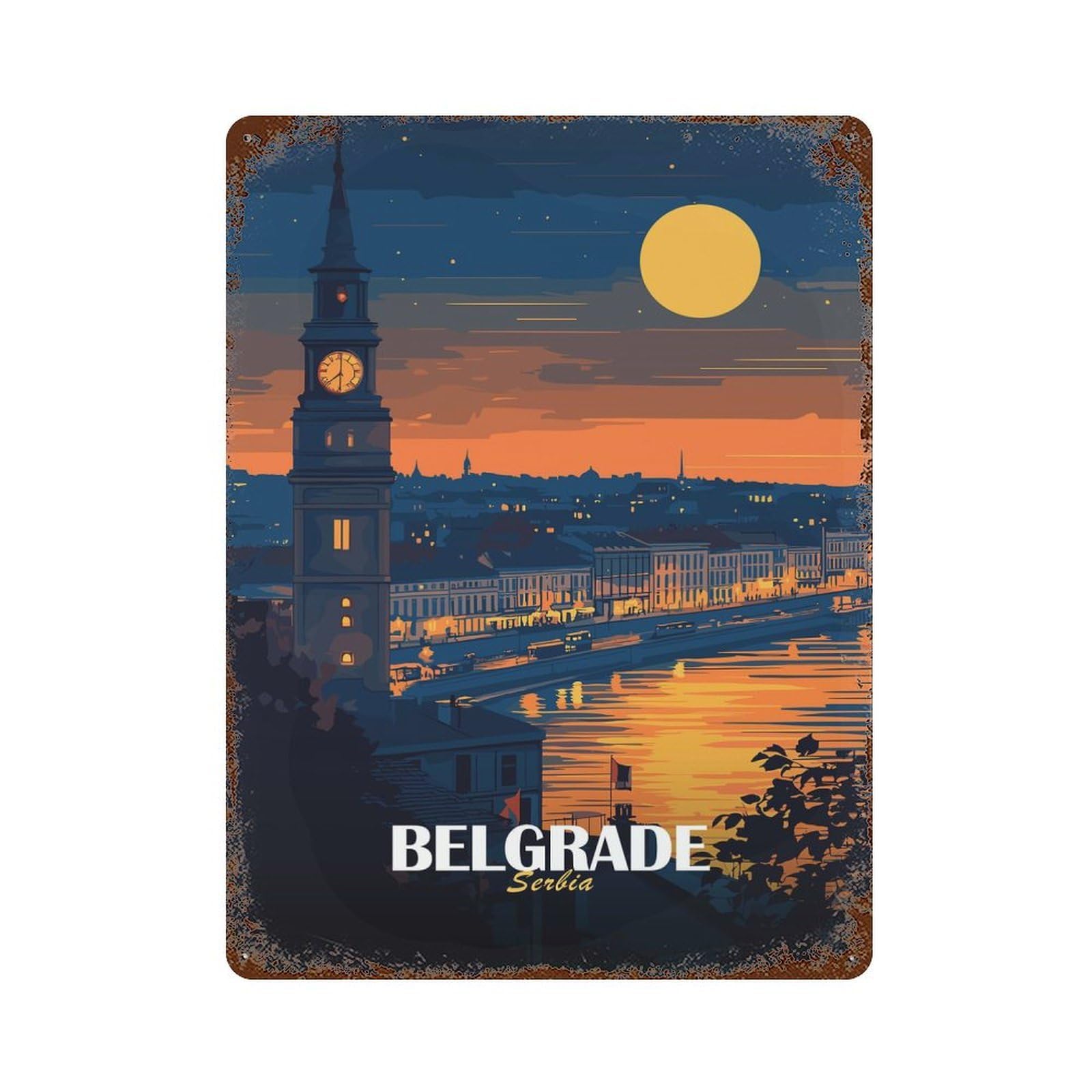 Belgrade, Serbia at Night Rustic Tin Plaque 15.7"x11.8", Rustic Home Decor for Office, Studio And Wall Decor