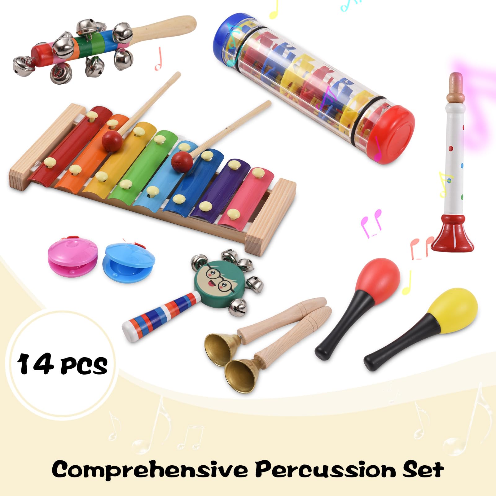 Lot de 14 instruments de percussion en bois interactifs musicaux interactifs œil-main développement anniversaire océan tambour 8 tons Xylophone Pluie Sound Tube de rangement
