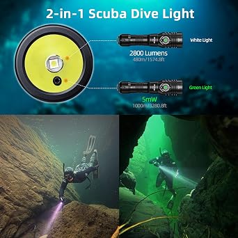 Wurkkos DL03 Dive Light, 2800 Lumens Scuba Diving Light, 1000M Green Beam and White Combo with Power Indicator, Type-C Rechargeable, IPX8 Waterproof for Night Dive Training Instructor Cave Exploration