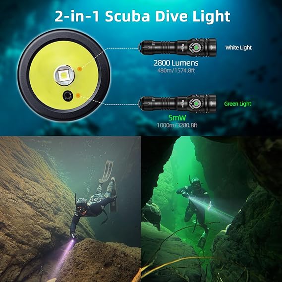 Wurkkos DL03 Dive Light, 2800 Lumens Scuba Diving Light, 1000M Green Beam and White Combo with Power Indicator, Type-C Rechargeable, IPX8 Waterproof for Night Dive Training Instructor Cave Exploration