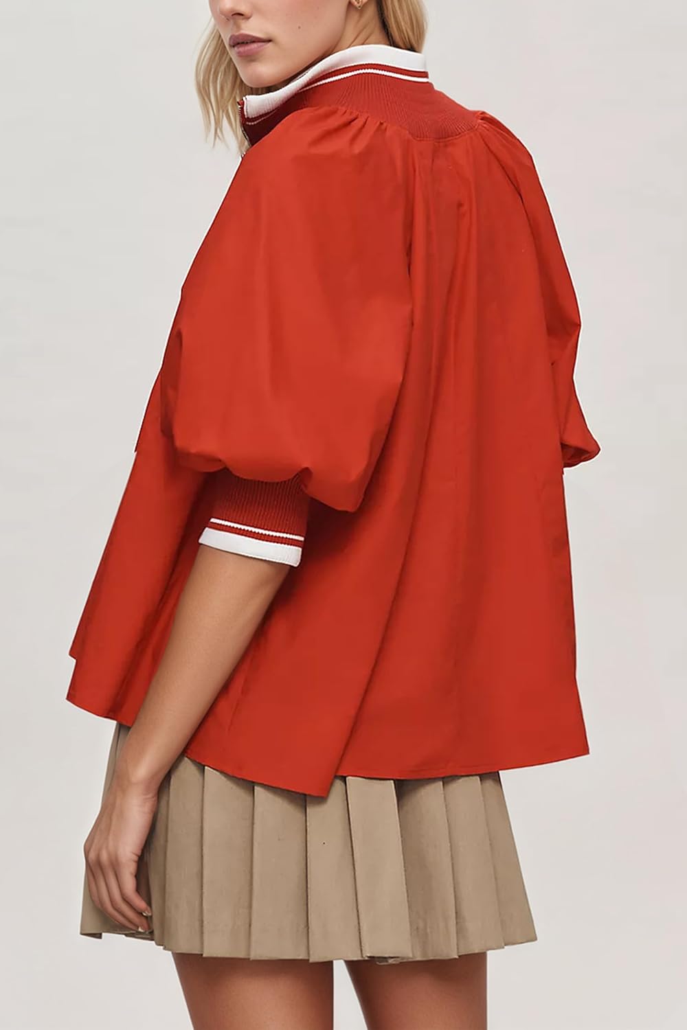 Women Sporty Puff Sleeve Half Zip Blouse Casual Contrast Loose Fit Henley Swing Top - Image 3