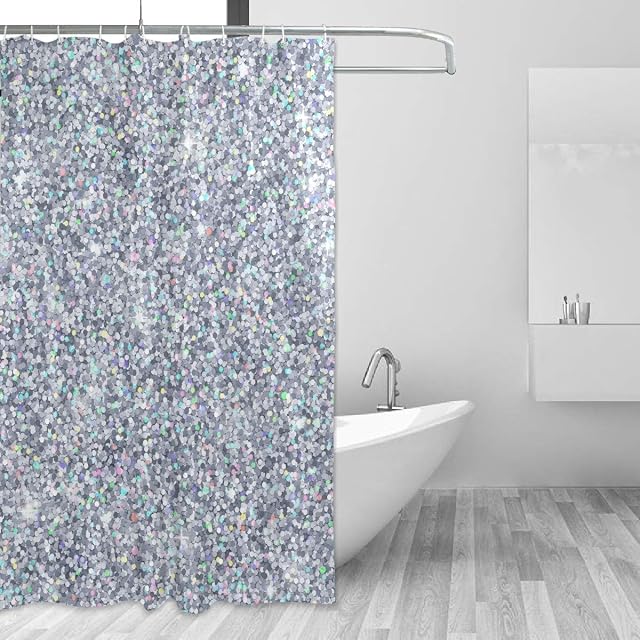 Mnsruu Silver Shower Curtain, Bathroom Shower Curtains Fabric Waterproof for Bath Home Decor, 150x180cm with 12 hooks (No Glitter)