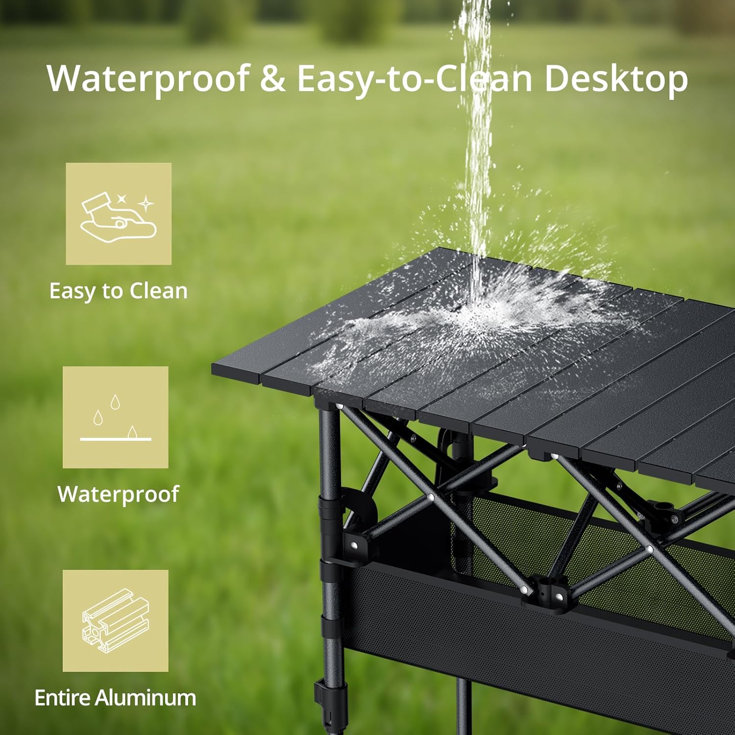 Anbte 2ft Small Roll Up Camping Table, 2 Adjustable Height Aluminum Portable Camping Table with Storage Net & Bag, Lightweight Waterproof Folding Table for Indoor Outdoor BBQ Picnic, 25” X 16”, Black