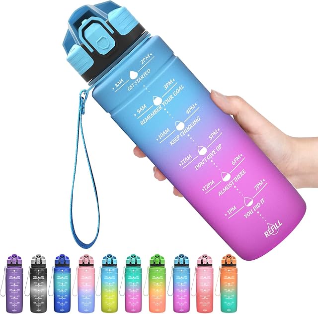 Coolfel Motivational Water Bottle with Time Markings, 1l Sports Water Bottle 700ml 500ml Kids Water Bottles, BPA Free Tritan Leakproof Reusable Drink Bottle with Fruit Filter for Gym, School, Running